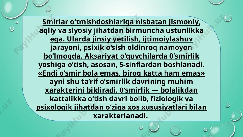 sh tembri ham o’zgaradi. bu o’g’il bolalarda qiz bolalarga nisbatan ko’proq darajada sodir boladi. o’g’il bolalarning tovushi vazminroq bolib qoladi, do’rillaydi. garchi bu davrda mushaklar tez sur’at bilan o’ssa ham, mustahkamlashsa ham, lekin baribir oyoq va qo’l suyaklarining o’sish sur’ati orqada qoladi. o’smirlarda bu xususiyat ularning beso’naqay xatti-harakatlarida, yurish-turishlaridagi qo’pollikka, katta-katta odim tashlashlariga sabab boladi. fiziologik o’zgarish jinsiy yetilishning boshlanishi va bu bilan bogliq ravishda tanadagi barcha a’zolarning mukammal rivojlanishi va o’sishi, hujayra va organizm tuzilmalarining qaytadan shakllana boshlashida namoyon boladi etiboringiz uchun rahmat. image2.png image3.png image4.jpeg image5.jpeg image1.png /docprops/thumbnail.jpeg
