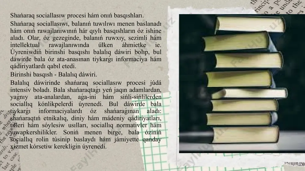 tegi sociallıq rollerdi úyretiwde áhmietli rol atqaradı. etnik ózgerisler, óz náwbetinde, shańaraq sociallasıwınıń qáliplesiwin hám individlerdiń jámiyettegi ornın qarań. jámiyettegi etnikalıq hár túrlilik, kóp mádeniyattıń payda bolıwı hám globallasıw processlerinde shańaraq sociallasıwı jana formalarga iye boladı. ata-analar balaların óz etnikalıq toparınıń mádeniy hám diniy qádiriyatlarına tiykarlanıp tárbiyalaydı. biraq, globallasıw processleri hám sociallıq baylanıslardıń kúsheyiwi menen balalar kóp mádeniyatlı hám etnikalıq hár túrlilikke bay ortalıqta ósedi. usı jerde, shańaraqtıń óz etnikalıq identifikaciyasına hám jámiyettegi basqa etnikalıq toparlarǵa qarata qabıl etken kóz qaraslarına úlken áhmiyet beriledi. bala, shańaraǵınan alınǵan mádeniy hám sociallıq qádiriyatlardı jámiyettiń keńirek sheńberinde, túrli etnikalıq toparlar menen baylanısta bolıw arqalı jańalaydı. jámiyette etnikalıq toparlardıń bir-birine tásiri hám óz ara integraciyası bala óziniń etnikalıq kimligin qalay túsiniwin, basqa mádeniy hám etnikalıq toparlar menen qalay baylanısta bolıwın belgileydi. etnik ózgerislerdiń shańaraq sociallasıwına tásiri. etnikalıq ózgerisler, shańaraq sociallasıw procesinde bir qatar áhmiyetli ózgerislerge alıp keledi. jańa migraciya tolqınları, migraciyalıq toparlardıń jaylasıwı hám …