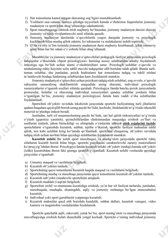 oliyatining g’oyaviyligi. sportchi birorta jamoa yoki komandaning a’zosi hisoblanib, jahon birinchiligi va olimpiada o‘yinlarida o‘z davlati fuqarosi sifatida qatnashadi. shuning uchun sportchining quyidagi g’oyaviy, ma’naviy va axloqiy sifatlarini tarbiyalash jarayonini yanada takomillashtirish lozim: a) sportchining jismoniy va psixologik jihatdan tayyorlashda tarbiyaviy vazifalarni to‘g’ri hal etish; b) sportchi xarakterining barqaror sifatlarini tarbiyalash; v) o‘zbekiston sportchilarining jahon va olimpiada musobaqalarida faol ishtirok qilishi uchun tegishli shart-sharoitlar yaratib berish. sportchi sport faoliyatida ob’yekt va sub’yekt sifatida qatnashadi. masalan, komanda, murabbiy, rahbar, shifokor va boshqa tarbiya beradigan kishilarga nisbatan sportchi ob’yekt hisoblanadi. ammo sportchining o‘ziga-o‘zi ongli munosabatda bo‘lishi sub’yekt vazifasini bajaradi. bularning barchasi uning sportdagi mahoratini takomillashtirish imkoniyatini beradi. sport faoliyati ikki guruhdan tashkil topgan bo‘ladi: 1. sport mashqlari; 2. sport musobaqalari. musobaqa sport faoliyatining asosiy tomonini tashkil qiladi. vii. sport faoliyatining motivlari. motiv psixologik tushuncha bo‘lib, inson ichki sifatlarining aniq bir faoliyat turiga nisbatan uyg’onishidir. motivlar har xil bo‘ladi: 1) sport musobaqalarining faoliyat …