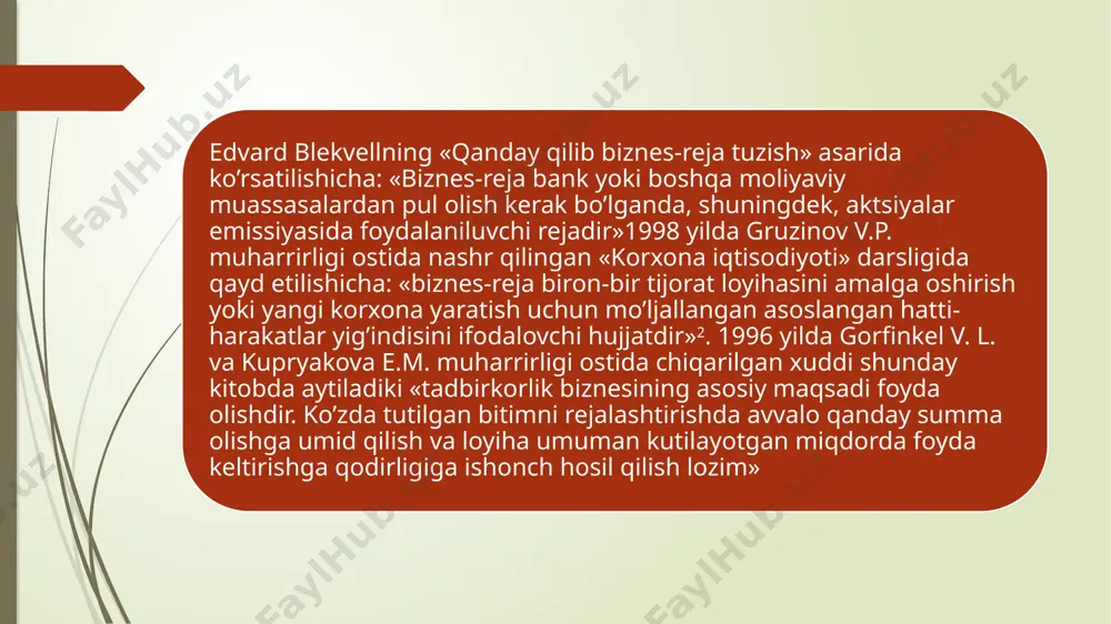 har bir holatda jiddiy ravishda etarlicha asoslab berilishi zarur. foydalanilgan adabiyotlar ro‘yxati 1. bagiev g.l., tarasevich v.m., ann x. marketing. ucheb. -spb.: piter, 2019. -736s. 2. zaxarenko g. ko'rgazma: muvaffaqiyat texnikasi va texnologiyasi. - m.: vershina. 3.kazarinova e.a. savdo xodimlarini operativ boshqarish. - sankt-peterburg: pyotr. 4.nordon d.v. marketing va reklama: soliqqa tortish va buxgalteriya hisobi. amaliyot. nafaqa. - m.: omega-l. 5.leycher r. sotish texnikasi. - m.: aqlli kitob. 6.leinemann r., baykaltseva e. matbuot anjumani: o'z stsenariyingiz bo'yicha o'ynang. - m.: grevtsov nashriyoti. /docprops/thumbnail.jpeg