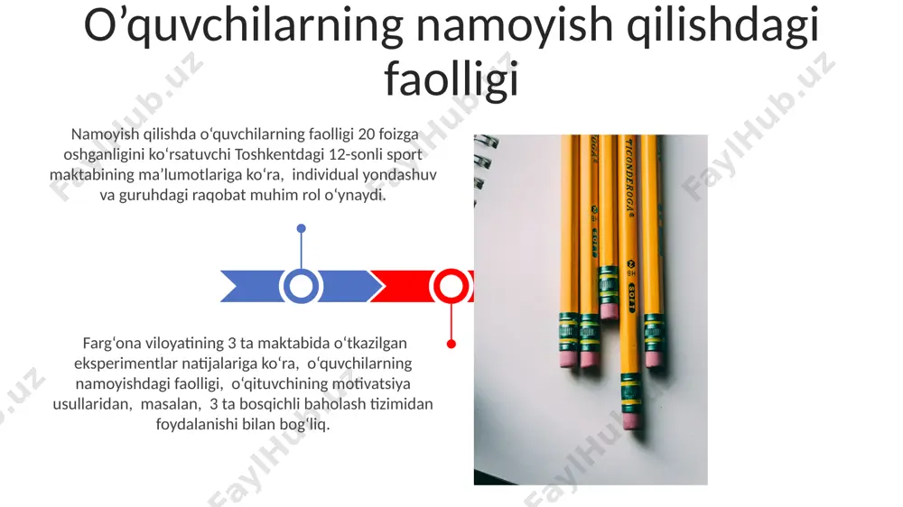 (to'g'ri qo'llanilgan 5 ta texnik elementdan 4 tasi) toshkentdagi musobaqada baholandi. o'quvchilarning 20 nafardan iborat 3 guruhga bo'linib, har bir guruhning 15 daqiqalik namoyishi yakunida 5 mezon bo'yicha (kuch, tezlik, moslashuvchanlik va h.k.) baholash amalga oshirildi samarqand shahrida. namoyish qilish natijalarini baholash namoyish qilish usullarining tanlanishi samarali namoyish uchun taxminan 15-20 daqiqa vaqt ajratish, harakatlarni asta-sekin, aniq va takroran ko'rsatish, shuningdek, o'quvchilarning savollari va tushuntirishlarga javob berish muhimdir. harakatlarning murakkabligi va xavfsizlik talablariga muvofiq ravishda, 3-5 ta namoyish usullaridan foydalanish, ya'ni, individual, juftlik, guruhli yoki video materiallar orqali ko'rsatish samarali bo'ladi. masalan, toshkentdagi maktablarda amaliyotda sinab ko'rilgan. namoyish qilish printsipi va boshqa didaktik printsiplar bilan bog’liqligi samarqanddagi jismoniy tarbiya kollejida o’rgatilganidek, namoyish qilish printsipi tushuntirish va mashq qilish printsiplari bilan birgalikda qo’llanilganda, o’quv jarayonining samaradorligi 25% ga oshadi. namoyish qilish printsipi, individual yondashuv printsipi bilan birga, andijondagi 12-gimnaziyada o’quvchilarning har xil qobiliyatlarini hisobga olgan holda, 3 ta turli namoyish usullarini …