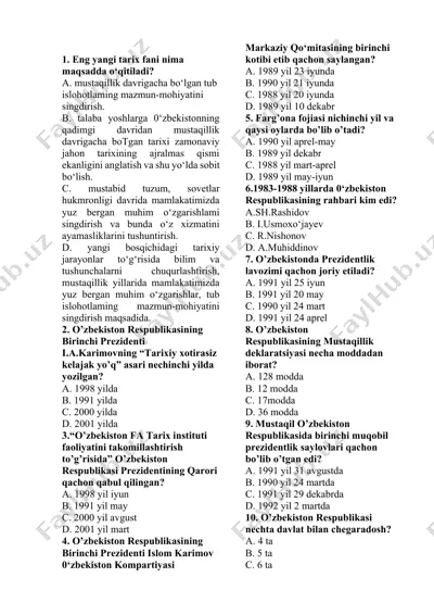o‘zbekiston tarixi bo‘yicha 25 ta test savollari to‘plami — DOCX