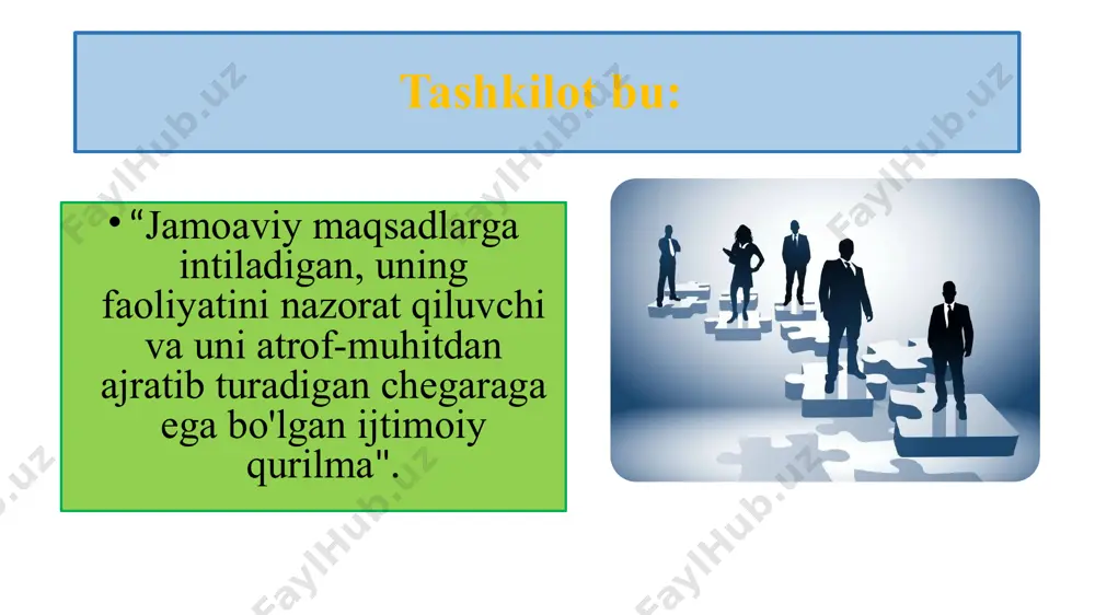 va ta'lim, tibbiyot kabi davlat xizmatlari. xarajatlar egalari foydani maksimal darajada oshirish foyda tovarlar va xizmatlarni chiqarish tijorat tashkiloti xarajatlar tovar va xizmatlar chiqarish xizmatlarni taqdim etish jamoat vakillari daromadni oshirish uchun xarajatlarni kamaytirish notijorat tashkilot 2 xususiy va davlat sektorlari xususiy sektor. markaziy yoki mahalliy hukumat yoki davlat idoralariga tegishli bo'lmagan yoki boshqarmaydigan tashkilotlar • davlat sektori. markaziy yoki mahalliy hukumatlar yoki davlat idoralariga tegishli yoki boshqaradigan tashkilotlar mas'uliyati cheklangan jamiyatlar mas'uliyati cheklangan jamiyat o'z egalaridan (aktsiyadorlaridan) alohida yuridik shaxs maqomiga ega. ularning tavakkalchiligi odatda aksiyani sotib olayotganda kompaniyaga qo'ygan mablag'lari bilan cheklanadi. bu cheklangan masuliyat deb ataladi. yakka tartibdagi tadbirkorlik va sheriklik odatda kichik yoki o'rta biznesga tegishli bo'lsa, mas'uliyati cheklangan jamiyat maqomi barcha o'lchamdagi korxonalar uchun qo'llaniladi. mas'uliyati cheklangan jamiyatda egalik qilish va nazorat qilish, bir jismoniy shaxs qo'lida bo'lishi mumkin bo'lsa ham, tashkilot hamda jismoniy shaxs qonun bilan ajratiladi. (a) aktsiyadorlar mulkdorlardir, lekin kompaniyaning kundalik boshqaruvida …