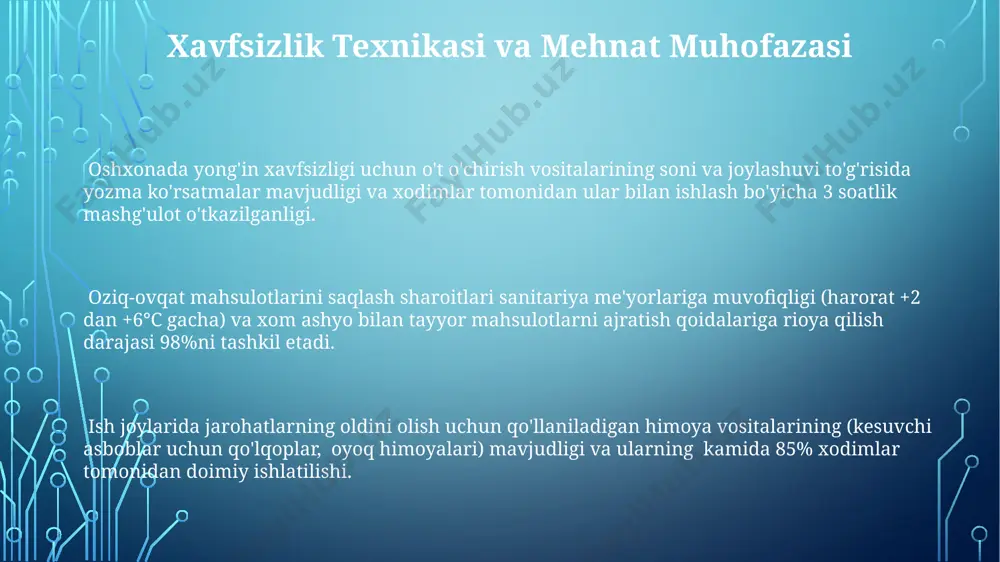 olib keladi. kompostlash orqali organik chiqindilarni qayta ishlash tuproq unumdorligini oshiradi va axlatxonalardagi organik chiqindilar hajmini 50% ga kamaytiradi. amaliyotning ijobiy va salbiy tomonlari xodimlarning 80% i yangi texnologiyalarni o'zlashtirishda muammolarga duch keldi, bu qo'shimcha treninglar va qo'llanmalar ishlab chiqish zaruratini ko'rsatadi. amaliyot davomida oshxona texnikasi samaradorligi 15% ga oshdi, ammo energiya sarfi 5% ga ko'tarildi, bu iqtisodiy samaradorlikni optimallashtirishni talab qiladi. oziq-ovqat mahsulotlarining chiqindilari 10% ga kamaydi, bu yangi inventarizatsiya va saqlash usullarining samaradorligini tasdiqlaydi, ammo mahsulot sifati monitoringini kuchaytirish kerak. oziq-ovqat xavfsizligi va gigiena toza suvdan foydalanish, qo‘llarni tez-tez sovun bilan yuvish, xom va pishirilgan mahsulotlarni alohida saqlash kabi sanitariya qoidalari oziq-ovqat bilan bog‘liq kasalliklarni 80% ga kamaytiradi. oziq-ovqat mahsulotlarini saqlash muddatlari, harorat rejimlari va to‘g‘ri qadoqlash usullari bilish, oziq-ovqat chiqindilarini 30% ga kamaytirib, iqtisodiy tejashga yordam beradi. oziq-ovqat mahsulotlarini 2 soatdan ortiq 5-65°c oralig‘ida saqlash bakteriyalar ko‘payishiga olib keladi, bu esa oziq-ovqat zaharlanishi xavfini 10 barobar oshiradi. …