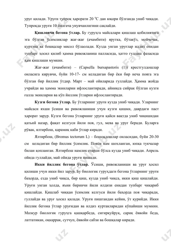 ологик белгилари жиҳатдан бир йиллик ва икки йиллик бегона ўтлардан фарқ қилади. ҳаёти давомида кўп марта ҳосил беради. бу биологик гуруҳнинг кўпгина вакиллари асосан вегетатив йул билан (илдиз поя ва илдиз бўлакларидан) ва генератив йўл билан (уруғларидан) кўпаяди. қишга келиб кўп йиллик бегона ўтларнинг поялари қуриб қолади. келаси йил тупроқда қолган илдиз ва илдизпоялардан янги илдизпоялар ривожланади. кўп йиллик бегона ўтлар ўқилдизлилар, илдизпоялилар, илдизбачкилилар, попук илдизлилар, пиёзлилар, туганаклилар ва судралиб ўсувчиларга бўлинади. илдизпояли бегона ўтлар. ғумай, ажриқ, қамиш, саломалайкум, дала қирқбуғими, аччиқмия, оқмия ва бошқалар киради. ғумай, саломалайкум ва ажриқ карантин бегона ўтлар қаторига киради. ғумай, - (andropogon halepensis) ғалладошлар оиласига киради. май- июнда гуллайди. июн-октябрда ҳосил беради. поясининг буйи 1,5 м гача боради, пастки қисмидан шохлайди. уруғидан ва айниқса, илдизпояларидан кўпаяди. бир туп ўсимликда 2-3 мингта уруғ ҳосил бўлади. ғумайнинг баланд поялари маданий ўсимликларни соялаб қўяди, бу ҳосилни анча камайтиради. ғумай таркибида заҳарли цианид бирикмалари бўлгани учун уни еган …