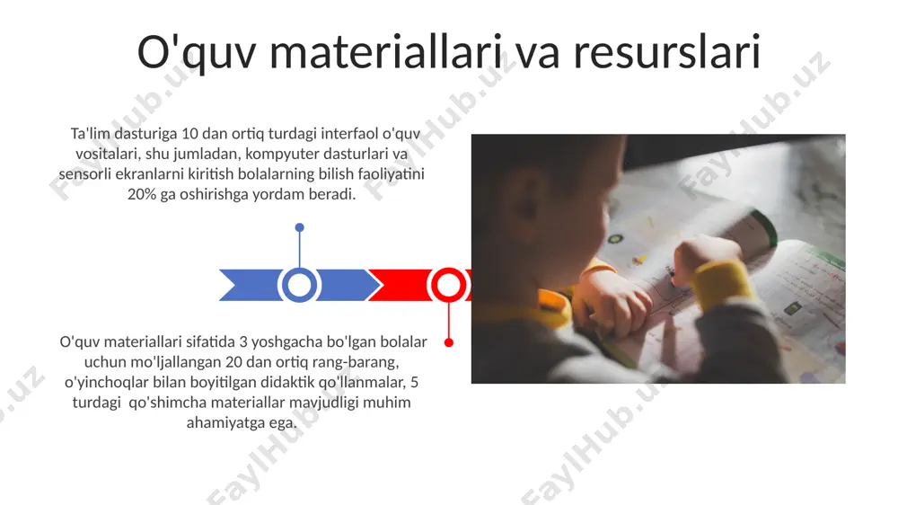 olashda 20%dan ortiq foizdagi bolalarning o'zlashtirish ko'rsatkichlari past bo'lsa, dasturni qayta ko'rib chiqish va takomillashtirishga ehtiyoj borligini ko'rsatadi. dastur samaradorligini baholashda kamida 3 ta turli manbadan (o'qituvchilar, ota-onalar, bolalarning o'zlari) ma'lumotlar to'plash va ularni tahlil qilish zarur. bolalarni rivojlantirishga yo'naltirilganlik effektiv dasturlar, bolalarning ijtimoiy-emotsional rivojlanishiga, ya'ni o'z-o'zini boshqarish, empatiya va hamkorlik kabi ko'nikmalarga 30% gacha ijobiy ta'sir ko'rsatishi mumkin. ta'lim dasturlarining samaradorligini baholashda, bolalarning akademik ko'rsatkichlari bilan bir qatorda, ijodkorlik, muammolarni hal qilish va mustaqil fikrlash kabi metakognitiv ko'nikmalarining rivojlanishi ham 40% gacha hisobga olinadi. o'lchov va baholash usullari montessori metodikasi asosida ishlaydigan maktabgacha ta'lim muassasalarida o'quv jarayonini baholashda portfel usuli qo'llaniladi, unda bolaning 10 ta asosiy rivojlanish sohasi bo'yicha yutuqlari aks ettiriladi. diagnostik testlar yordamida olingan natijalar, masalan, 20 ta savoldan iborat test orqali, bolalarning maktabga tayyorgarlik darajasi va o'qishga tayyorlik ko'rsatkichlarini aniqlash imkonini beradi. e'tiboringiz uchun rahmat @taqdimot_robot image4.jpg image5.jpg image6.jpg image7.jpg image8.jpg image9.jpg image10.jpg image11.jpg image12.jpg image13.jpg …