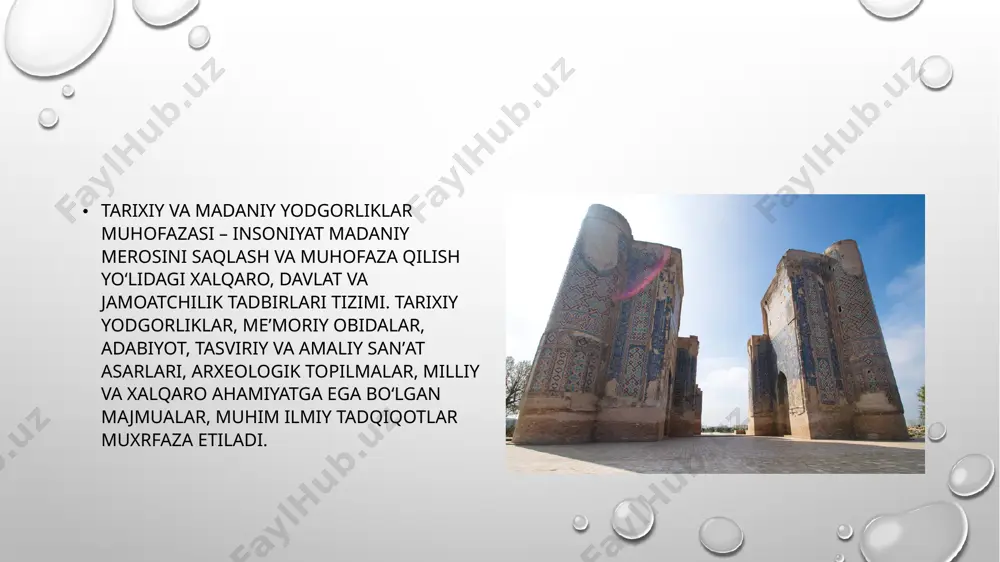 shqa bilan shugʻullanish maqsadida „oltin meros“ xalqaro xayriya jamgʻarmasi tuzilgan (1999-yil 12 oktabr). dunyo tamaddunida yuksak e’tirofga sazovor qadimiy hamda navqiron inshootlar o‘tgan asrlardagi ajdodlarimiz tarixini va o‘zaro aloqalarini o‘rganishda muhim rol o‘ynaydi. 18-aprel xalqaro yodgorliklarni va tarixiy joylarni asrash kuni sifatida dunyo miqyosida 1983-yildan buyon nishonlanib kelinmoqda. sana munosabati bilan “daryo” shahrisabzdagi oqsaroy saroyida amalga oshirilgan restavratsiyalar haqida hikoya qiladi. har yili ushbu bayramni qo‘llab-quvvatlash va turli tadbirlarni o‘tkazish va butun dunyo bo‘ylab madaniy merosni targ‘ib qilish uchun mavzu tanlanadi. 2012-yilda tanlangan mavzu “jahon merosi” edi. “jahon merosi” konvensiyasi esa 1972-yilda amaliyotga tatbiq etilgan va biz hozirda ushbu konvensiya imzolanganligining 40 yilligini nishonlanmoqda.2021-yilda bu kunning 40 yilligi munosabati bilan tanlangan mavzu “murakkab o‘tmishlar, xilma-xil kelajak”. ushbu xalqaro kunning maqsadi insoniyatning madaniy merosini turli shakllarda o‘rganish va mahalliy jamoalarni madaniy merosning ahamiyatini anglashga undashdir.bu borada butun dunyodagi tarixiy obidalarni asrab-avaylash va ularni qayta ta’mirlashda yunesko xalqaro tashkilotining roli salmoqlidir. mamlakatimizda …