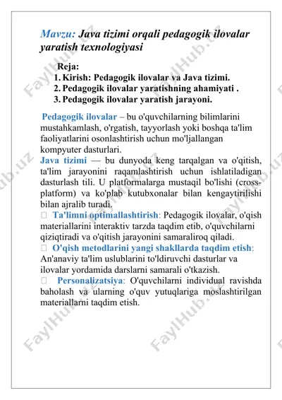 java tizimi orqali pedagogik ilovalar yaratish texnologiyasi — DOCX