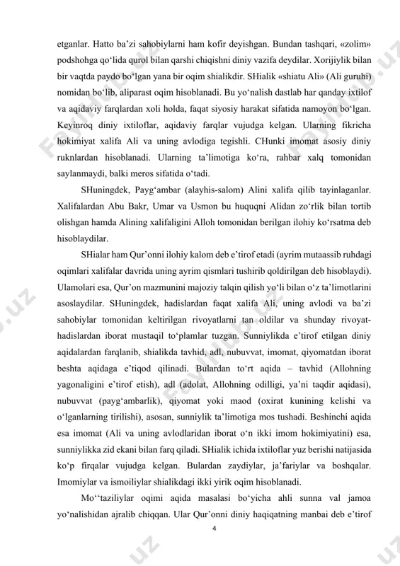 majoziy talqin qilish yo‘li bilan o‘z ta’limotlarini asoslaydilar. shuningdek, hadislardan faqat xalifa ali, uning avlodi va ba’zi sahobiylar tomonidan keltirilgan rivoyatlarni tan oldilar va shunday rivoyat-hadislardan iborat mustaqil to‘plamlar tuzgan. sunniylikda e’tirof etilgan diniy aqidalardan farqlanib, shialikda tavhid, adl, nubuvvat, imomat, qiyomatdan iborat beshta aqidaga e’tiqod qilinadi. bulardan to‘rt aqida – tavhid (allohning yagonaligini e’tirof etish), adl (adolat, allohning odilligi, ya’ni taqdir aqidasi), nubuvvat (payg‘ambarlik), qiyomat yoki maod (oxirat kunining kelishi va o‘lganlarning tirilishi), asosan, sunniylik ta’limotiga mos tushadi. beshinchi aqida esa imomat (ali va uning avlodlaridan iborat o‘n ikki imom hokimiyatini) esa, sunniylikka zid ekani bilan farq qiladi. shialik ichida ixtiloflar yuz berishi natijasida ko‘p firqalar vujudga kelgan. bulardan zaydiylar, ja’fariylar va boshqalar. imomiylar va ismoiliylar shialikdagi ikki yirik oqim hisoblanadi. mo‘‘taziliylar oqimi aqida masalasi bo‘yicha ahli sunna val jamoa yo‘nalishidan ajralib chiqqan. ular qur’onni diniy haqiqatning manbai deb e’tirof etadilar, uni so‘zma-so‘z emas, majoziy talqin qilishga harakat qiladilar, …