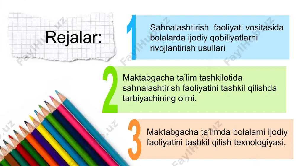 adi. bu qo‘g‘irchoqlarni yasash va boshqarish juda oson. “jonli qo‘l”li qo‘g‘irchoqlar yordamida boshqa tizimdagi qo‘g‘irchoqlarga xos bo‘lmagan harakatlarni amalga oshirish mumkin. maktabga tayyorlov guruhlarda bolalar tayoqli va katta-katta ko‘rinishli qo‘g‘irchoqlar, trostli qo‘g‘irchoqlar, “odam-qo‘g‘irchoq”, bilan tanishadilar. marionetka deb ko‘pincha iplar yordamida boshqariladigan qo‘g‘irchoqlarga aytiladi. marionetkalarni turli xil narsalardan yasash mumkin. odatda, marionetkalarni matolardan yumshoq o‘yinchoqlarni tikish uslubiga asoslanib tikiladi. ularni harakatga keltirish uchun esa havozadan foydalaniladi. havoza – bir-biriga chalishtirilgan ikkita yog‘ochdan yasalgan bo‘lib, undan o‘tkazilgan ipga qo‘g‘irchoqlar osib qo‘yiladi. bolalarning sahnalashtirilgan faoliyatining hududini loyihalashtirish ko‘rgazmali-fazoviy muhitni yaratishning asosiy tamoyillari- − bolalarning hamkorlikdagi va shaxsiy faoliyati orasida muvozanatni ta’minlash; − norasmiy hududni tashkil etish; − tanlov xarakteri va erkinligini ta’minlash; − modellashtirish, qidirish va tajriba qilish uchun shart-sharoitlarni yaratish; − binolar va asbob-uskunalardan juda ko‘p foydalanish; − jihozlar va materiallarning yoshi va jinsiga moslashtirilishi. sahnalashtirilgan faoliyat bo‘yicha mashg‘ulotlar quyidagilardan iborat: – qo‘g‘irchoq teatrini tomosha qilish va ular haqida suhbatlashish; – dramalashtirish …