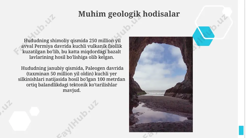 alishi aniqlangan. cho'kindi jinslarning hududning g'arbiy qismida, taxminan 300 million yil avval, paleozoy davrida hosil bo'lgan qumtoshlar va ohaktoshlarning keng tarqalishi kuzatiladi. proterozoy davri jinslari hududning shimoliy qismida joylashgan proterozoy metamorfik jinslari, taxminan 1,8 milliard yil avval, kuchli regional metamorfizmga uchraganligini geologik ma’lumotlar koʻrsatadi. proterozoy davri jinslari tarkibida topilgan temir rudalari konlarining yoshi taxminan 1,7-2,0 milliard yil oraligʻida boʻlib, ularning genezisi vulkanik-choʻkindi jarayonlar bilan bogʻliq. e'tiboringiz uchun rahmat @taqdimot_robot image1.jpg image2.jpg image3.jpg image4.jpg image5.jpg image6.jpg image7.jpg image8.jpg image9.jpg image10.jpg image11.jpg image12.jpg image13.jpg image14.jpg image15.jpg image16.jpg image17.jpg