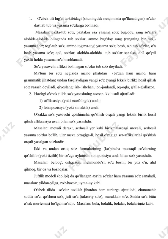 morfemasi bo'lgan so'zdir. masalan: bola, bolalik, bolalar, bolalarimiz kabi. kunboqar, gultojixo'roz, oqqo'rg'on, sohibjamol kabi so'zlar qo'shma so'z deyiladi. bu kabi so'zlar ikki va undan ortiq so'z yoki so'z formalaridan tashkil topib, bir urg'uga birlashadi va bir tushunchani ifodalaydi. tarkibi alohida-alohida yoziladigan leksik va grammatik ma'nolari ayrim holda ham, bir butunlik hosil qilgan holda ham izohlanishi mumkin bo'lgan so'zlar murakkab so'z deyiladi. masalan: to'q sariq, och jigar rang, yigirma besh ming, borib keldi, sotib yubordi kabi. nutqimizda qo'llanadigan opa-singil, non-pon, tog'-tosh, onda-sonda, tez-tez, xirmon-xirmon, chala-chulpa, o'n-o'n besh, suv-puv kabi so'zlar juft so'z deb yuritiladi. adabiyotlar ro'yxati 1. i.a.karimov. barkamol avlod-o'zbekiston taraqqiyotining poydevori. toshkent, 1997 yil 2. u.tursunov, n.muxtorov, sh.rahmatullayev. «hozirgi o'zbek adabiy tili» 1992 yil 3. a.abduazizov. «o'zbek tili fonologiyasi va morfologiyasi» toshkent, 1992 yil 4. s.rahimov, b.umurqulov, «hozirgi o'zbek-adabiy tili» toshkent, 2001 y 5. s.rahimov, b.umurqulov, «hozirgi o'zbek adabiy tili» toshkent, 2003 y 6. sh. shoabdurahmonov, m.asqarova, a.hojiyev. «hozirgi o'zbek …