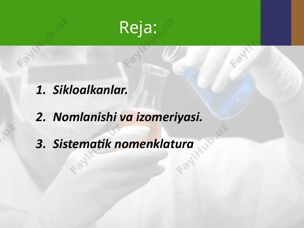 ishadi. sababi kichik xalqalarni katta xalqalarga nisbatan beqarorligidadir. masalan, gidrogenlash (vodorod biriktirish) reaksiyasi har xil sikloalkanlarda turlicha temperaturada boradi ishlatilishi. siklogeksanning xlorli birikmasi geksaxlorsiklogeksan - c6h- 6cl6 qishloq xo‘jaligida insektitsid (zararkunandalarga qarshi) vosita sifatida ishlatiladi. image2.jpg image3.png image4.jpeg image5.jpeg image6.png image7.jpeg image8.jpeg image9.png image10.jpeg image11.jpeg image12.jpeg image13.png image14.png image15.png image16.png image17.png image18.png image19.png image20.jpeg image21.jpeg image22.jpeg image23.jpeg image1.jpg /docprops/thumbnail.jpeg