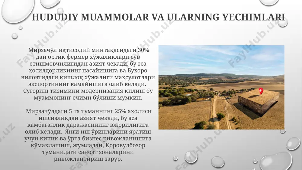 xorijiy investorlar uchun soliq imtiyozlari va infratuzilma yaxshilanishlari bilan 30 dan ortiq loyihani jalb qildi. savdo va xizmat ko'rsatish sohasi mirzochul tumanidagi kichik va o'rta biznes sub'ektlarining 30% dan ortig'i savdo va xizmat ko'rsatish sohasida faoliyat yuritadi, bu esa 5000 dan ortiq ish o'rinlarini ta'minlaydi va mahalliy aholi daromadlarini oshirishga hissa qo'shadi. paxta va g'alla yetishtiriladigan mirzochul tumanida hosilni sotish bilan bog'liq savdo operatsiyalari yillik hajmi 20 milliard so'mdan oshadi, bu esa mintaqa iqtisodiyotining muhim qismini tashkil etadi va jizzax viloyati bilan savdo aloqalarini kuchaytiradi. iqtisodiy rivojlanishning asosiy yo'nalishlari мирзачўл минтақасидаги қишлоқ хўжалигини модернизация қилиш бўйича амалга оширилаётган лойиҳалар, 3000 га яқин фермер хўжаликларига суғориш тизимларини яхшилаш ва энергия самарадорлигини оширишга йўналтирилган. мирзачўл иқтисодий минтақасида 2025 йилгача 5000 дан ортиқ янги иш ўринлари яратиш, шу жумладан, навоий вилоятининг пахтачилик ва чорвачилик соҳаларидаги ишлаб чиқаришни 15% га ошириш режалаштирилган. transport va logistika infratuzilmasi hududning temir yoʻl tarmogʻi 150 km dan ziyod …