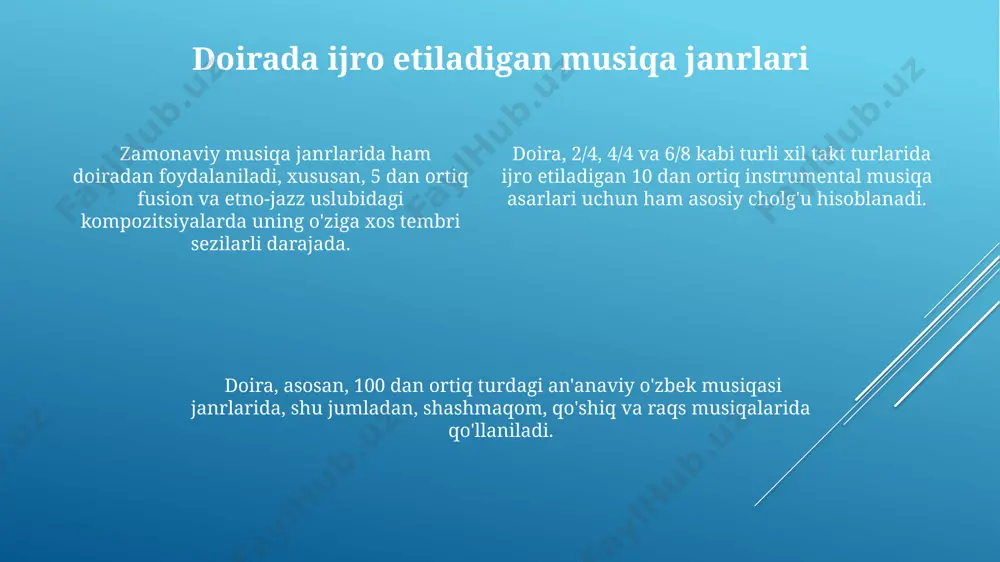 iladi, bu esa tovushning balandligi va ohangini o'zgartiradi. doira tuzilishi doira korpusi odatda bir parcha yog'ochdan o'yib yasaladi yoki bir necha qismlardan yig'iladi. ba'zan uning ichki qismiga rezonansni yaxshilash uchun maxsus materiallar qo'llaniladi, bu esa 10-15% gacha ovoz balandligini oshirishi mumkin. doira, asosan, yog'ochdan yasalgan bo'lib, diametri 30 dan 70 sm gacha, chuqurligi esa 5 dan 15 sm gacha o'zgarib turadi. uning ustiga tortilgan terisi odatda qo'zichoq yoki echki terisidan tayyorlanadi. doiraning tortilgan terisi maxsus usulda qayta ishlanadi va uni kuchli va mustahkam qilish uchun yog' bilan moylanadi. uning tebranish chastotasi doira o'lchami va terining qalinligiga bog'liq bo'lib, taxminan 200-500 gts oralig'ida o'zgaradi. doira turlari доира турларининг 20 дан ортиқ тури мавжуд бўлиб, уларнинг ҳар бири ўлчами, баландлиги ва овоз тембри билан фарқланади, шунингдек, турли минтақаларда турлича номланади. анъанавий доира турлари, масалан, “қора доира” ёки “анъанавий доира” каби номларга эга бўлиб, уларнинг диаметри 30-45 см атрофида бўлади ва ўзига хос …