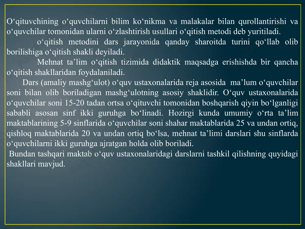 atida zveno a’zolari ham ayrim-ayrim ish operatsiyalarini o‘zaro kelishib bajaradilar. darsni bunday tashkil qilishda o‘qituvchi o‘quv materiallari yoki bajariladigan ish obektini hamma uchun tushuntira olmaydi, balki har bir zveno bilan alohida-alohida ishlaydi. o‘quvchilar ma’lum darajada bilim, malaka bilan qurollangan bo‘lganlaridagina bu shakldan foydalansa bo‘ladi. yakka-yakka o‘qitish shakli. buning mazmuni shundaki har bir o‘quvchi yoki ko‘pchilik o‘quvchi uchun ma’lum vaqt ichida bajariladigan individual vazifalar beriladi. misol uchun: 6-sinfda individual mustaqil ishlar berish mumkin. o‘qitishning aralash shakli. ayrim o‘qituvchilar amaliyotida o‘quvchilarni ishlarini tashkil qilishning aralash shaklini ham uchratish mumkin. masalan: bitta zvenodan tashqari qolgan o‘quvchilar frontal ishlashi. o‘qitishni u yoki bu shaklini qo‘llash, o‘qitish mazmunidan, o‘quvchilarni bilim va malaka meyoridan hamda o‘qitish metodlarini qaysi biridan foydalanishimizga bog‘liq. o‘qitishni birinchi bosqichlarida o‘qitishning frontal tashkil qilish, undan keyin zveno shakllari, o‘quvchilar ma’lum tayyorgarlik olganlaridan so‘ng yakka-yakka o‘qitish shakllaridan foydalanish maqsadga muvofiqdir. maktab o‘quv ustaxonalarida ta’limni amalga oshirishga, kasb tanlashga qaratilgan va hozirgi zamon texnikasi …