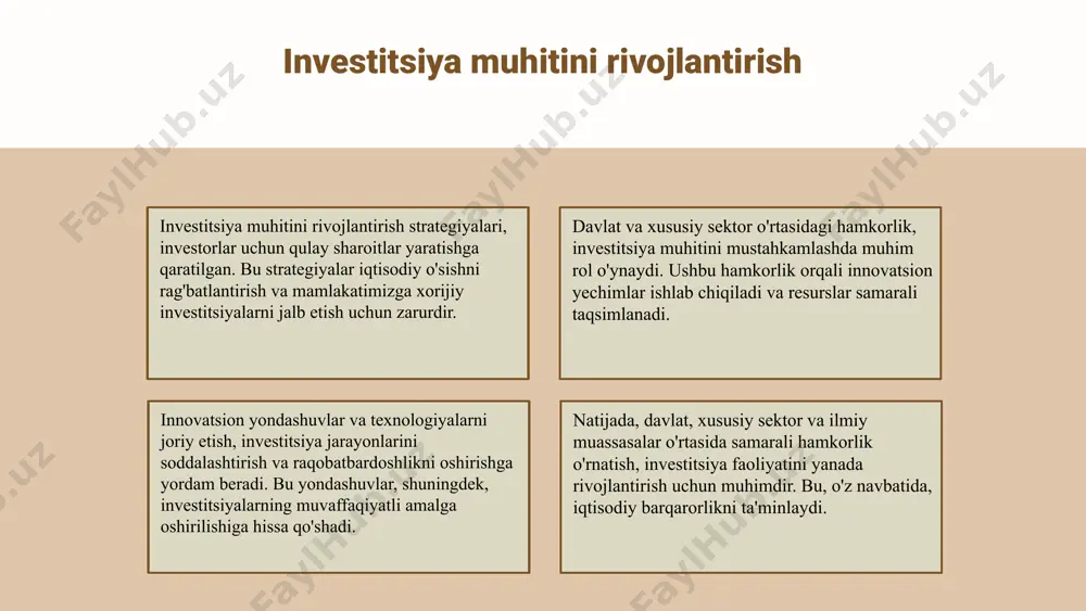 tartibga solishdagi o'zgarishlar yangi qonunlar va tartibga solish o'zgarishlari investitsiyalarni jalb qilishda muhim rol o'ynaydi. buning natijasida, investorlarning ishonchi oshadi va mamlakat ichki bozoridagi raqobat kuchayadi. xususiy sektor bilan hamkorlikning ahamiyati xususiy sektor bilan hamkorlik, davlat va xususiy sektorda resurslarni birlashtirish orqali investitsiya faoliyatini rivojlantirishga yordam beradi. bu, innovatsion g'oyalarni amalga oshirish va iqtisodiy o'sishni rag'batlantirishda muhimdir. photo by igor omilaev on unsplash photo by igor omilaev on unsplash photo by igor omilaev on unsplash davlat tomonidan taqdim etiladigan imtiyozlar davlat tomonidan taqdim etiladigan imtiyozlar investitsiya faoliyatini rag'batlantirishda muhim ahamiyatga ega. ular investorlar uchun soliq imtiyozlari, infratuzilma va logistika qo'llab-quvvatlovi, shuningdek, davlat grantlari va subsidiyalarni o'z ichiga oladi. 1. soliq imtiyozlari: davlat investorlar uchun turli soliq imtiyozlarini taqdim etadi. bu esa investorlar uchun xarajatlarni kamaytiradi va investitsiyalarni jalb qilishni osonlashtiradi. 2. infratuzilma va logistika: davlat infratuzilma va logistika sohasida qo'llab-quvvatlashni taklif etadi. bu, investorlar uchun qulay sharoitlar yaratish va transport …
