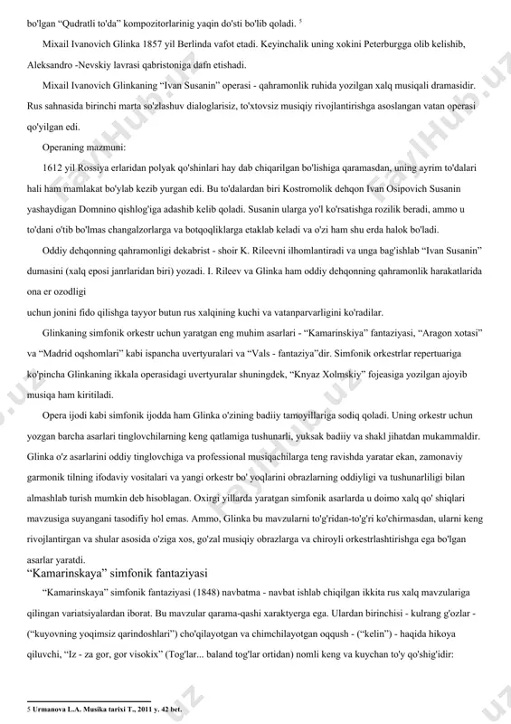 m.i. chelovek. sobitiya. vremya. m., 1988 g. 54 str.] 1856 yil berlinda yashagan glinka asl rus kontrapunktini yaratish maqsadida eski usta kompozitorlarning polifoniyasini va bir vaqtning o'zida “bayroqchali kuylash” asarlarida rus polifoniyasining asoslarini ko'rgan glinka bu s an’atni ham chuqur o'rganadi. glinkaning bu ezgu g'oyalarini keyinchalik rus kompozitorlari sergey ivanovich taneyev va sergey vasilevich raxmaninov va boshqalar rivojlantiradilar. glinkaning ijodi - milliy rus musiqa madaniyati da qudratli ko'tarilish davrining yorqin guvohidir. rus adabiyotida pushkinga o'xshab, glinka rus musiqasi tarixida yangi tarixiy davrni boshlovchisi sifatida may donga chiqadi: uning asarlari rus musiqa madaniyatini umummilliy va umumjahon ahamiyatini belgilab beradi. glinkaning ijodi chuqur milliy xaraktyerga ega bo'lib, u rus xalq qo'shiqchiligi negizida o'sib etdi, qadimiy rus xor san’ati an’analarini o'zida singdirdi va xviii - xix asr rus kompozitorlik maktabi muvaffaqiyatlari unda yangidan amalga oshirildi. rus mumtoz musiqasi asoschisi glinka musiqa xalqchilligining yangi tushunchalarini belgilab beradi. rus musiqa ijodiyotining o'ziga xos xarakterli xususiyatlarini …