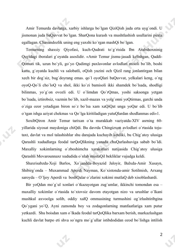 ri o`tkazayotgan zug`umlar, ikkinchi tomondan esa – maxalliy xokimlar o`rtasida to`xtovsiz davom etayotgan nizo va urushlar o`lkani mushkul axvoolga solib, oddiy xalq ommasining turmushini og`irlashtiribgina qo`ygani yo`q, ayni zamonda boy va zodagonlarning manfaatlariga xam putur yetkazdi. shu boisdan xam o`lkada feodal tarqoqlika barxam berish, markazlashgan kuchli davlat barpo eti shva so`ngra mo`g`ullar istibdodidan ozod bo`lishga intilish g`oyasi tobora kuchayib bordi. xalqni ng anna shu xoxish irodasini birinchilar qatorida tushungan maxalliy xokimlardan biri xoji barlosdir1. kesh (shaxrisabz) xokimi xoji barlos – turklarning barlos urug`idan bo`lib, amir temurning amakisi edi. tarixiy manbalarning guvoxlik berishicha, 1358 yilda amir qozog`onni ng o`g`li abdulloxga qarshi kurash boshlagan mo`g`ul amiri bayon sulduz yonida xoji barlos xam bo`lgan. ular amir abdulloxga qarshi itifoq tuzib, qo`lga kiritilgan viloyatlarni o`zaro taqsimlab olish sharti bilan kurashganlar. ular o`z niyatlarini qsman amalga oshirdilar. bayon sulduz bilan xoji barlosdan yengilgan abdullox andarab tomonga qochib ketadi. bayon sulduz bilan xoji barlos movarounnaxr yerlarining …