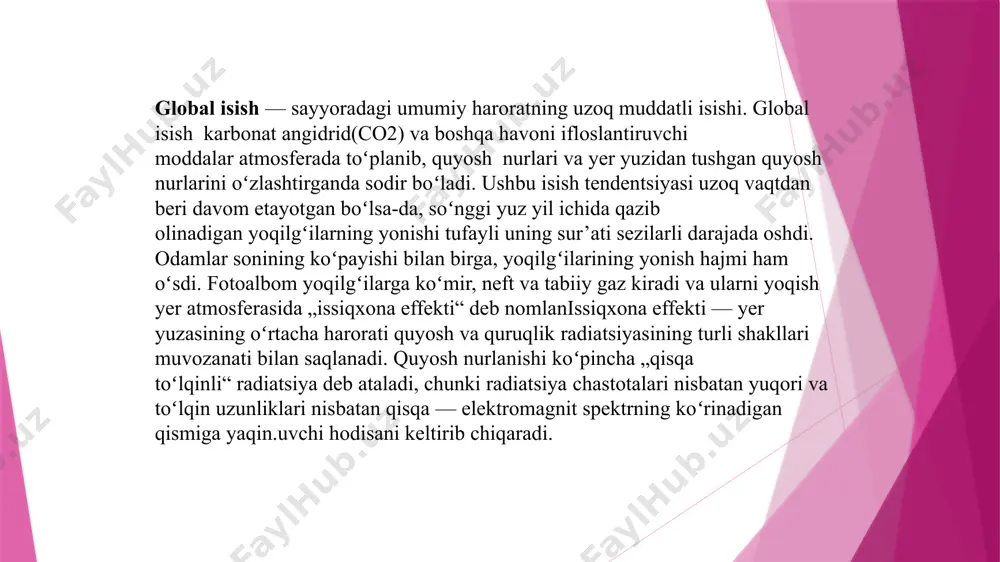 smining isishiga (va atmosferada yuqoriroqning sovishi) issiqxona gazlari yoʻqligida kutilganidan koʻra isishiga olib keladi. iqlim o‘zgarishi - keng tarqalayotgan, jadal va tezlashib borayotgan jarayondir. g‘arbda yashovchilar uchun ham sayyoraning isish xavfi endi faqat chekka hududlarga ta'sir qiladigan muammo emas. dunyoning deyarli barcha qismida istiqomat qilayotgan insonlar iqlim o‘zgarishi natijasida yuzaga kelayotgan hodisalarni o‘z tanalarida his qilishmoqda. hukumatlararo ekspertlar guruhi yer ilgari hisob-kitob qilinganidan ko‘ra tezroq isib borayotganini ma'lum qilishmoqda. dunyo bo‘yicha o‘rtacha harorat 1,1 darajaga ko‘tarilgan. bu esa 2040 yilga borib o‘rtacha harorat 1,5 darajaga oshishini bildiradi.issiq to‘lqinlar, kuchli shamollar, qurg‘oqchilik, suv toshqinlari va yong‘inlar yanada ko‘proq sodir bo‘la boshladi, muzliklar erishi yanada kuchaydi. ayniqsa, joriy yilda bu jarayon judayam tezlashganini kuzatishimiz mumkin. global isish muammosi tabiyki harorat oshib boraversa dala,yaylovlarda o‘rmon yong‘inlari vujudga kelish ehtimoli oshib boradi.bu esa o‘sha davlatda hattoki iqtisodiy inqirozni ham vujudga keltirib chiqarishi mumkin.bunga misol qilib olsak:shimoliy makedoniya hukumati yirik o‘rmon yong‘inlari sababli bir oyga …