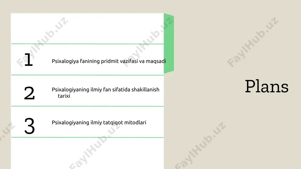 giyaning tarixiy rivoji psixologiyaning tarixiy rivoji asosan uchta asosiy bosqichga bo'linadi. birinchi bosqich, psixoanaliz, sigmund freyd tomonidan ishlab chiqilgan bo'lib, insonning ichki ruhiy jarayonlarini tushunishga qaratilgan. ikkinchi bosqich – behaviorizm, bunda xulq-atvorni o'rganish va tashqi omillar ta'sirini hisobga olish muhim ahamiyatga ega. uchinchi bosqich esa kognitiv psixologiya bo'lib, insonning fikrlash jarayonlarini tahlil qilishga yo'naltirilgan. har bir bosqich o'ziga xos usullar va nazariyalar bilan ajralib turadi. zamonaviy psixologiyaning o'zgaruvchan tabiati esa biologik, ijtimoiy va madaniy jihatlarni hisobga olish orqali inson xulq-atvorini yanada chuqurroq tushunishga imkon beradi. bugungi kunda psixologik tadqiqotlar turli metodologiyalarni o'z ichiga oladi, bu esa psixologik bilimlarni yanada kengaytirish va rivojlantirishga yordam beradi. zamonaviy yondoshuvlar tarixiy bosqichlardan kelib chiqqan holda, psixologiyaning amaliy va nazariy jihatlarini birlashtirishga intiladi. title: psixologik tadqiqot metodlari subtitle: asosiy metodlar va usullar paragraph: psixologik tadqiqotlar inson psixikasini o'rganish uchun turli metodlardan foydalanadi. ushbu tadqiqotlar ikki asosiy turga bo'linadi: kvalitatif va kvantitativ. kvalitatif tadqiqotlar, masalan, intervyular …