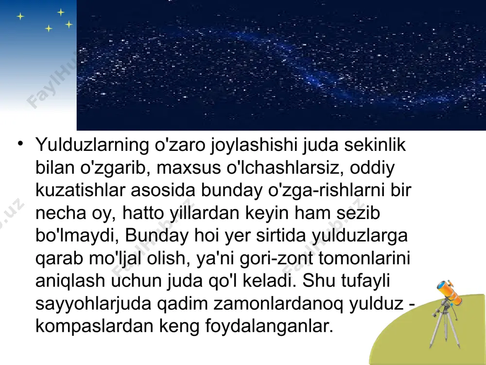 vaziga ularga «adashgan yulduzlar» - planetalar deb nom berdilar. qadim rimda adashgan yulduzlar rim xudolarining nomlari bilan merkuriy, venera, mars, yupiter va saturn deb atala boshlandi. yulduzli osmon yulduzli osmonning ko’rinishi, ayniqsa oysiz tunda, shu qadar jozibador va tarovatliki, bamisoli bizni o’rab turgan olam o’zgarmas va cheksizdek tuyuladi. biroq xx asrning boshida bunday tasavvurning xom xayol ekani ma’lum bo’ldi. kuzatuv ma’lumotlari koinotning kengayib borayotganini ko’rsatdi. har biri quyoshimizga o’xshagan yuz milliardlab yulduzlardan tashkil topgan yuz milliardlab galaktikalar juda katta tezlikda har tomonga shiddat bilan tarqaladi. katta portlash taxminan 13.7 milliard yil muqaddam butun koinot no’l o’lchamli nuqtaga siqilganligi, uning zichligi esa cheksiz katta bo’lganligi anglashiladi. xozirgi koinot qachonlardir ro’y bergan katta portlash natijasida paydo bo’lgan va vaqt hisobi o’shandan boshlanadi. massasi katta bo’lgan yulduzlar evolyutsiyasi ancha tezroq kechadi va ular ba’zan halokatli o’zgarishlarni boshidan kechiradi. yulduz o’ta gigant fazasidan o’tadi va hatto portlashi ham mumkin. bunday jarayon o’ta yangi yulduz …