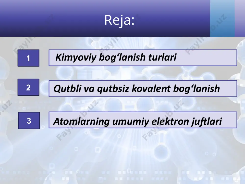 ektrmanfiyligi bir xil atomlar orasidagi bog‘lanishdir. elektrmanfiyligi bir xil bo‘lgan atomlar orasida umumiy electron juftlari hosil bo‘lishi hisobiga vujudga keladigan kimyoviy bog‘lanish qutbsiz kovalent bog‘lanish deyiladi. qutbsiz kovalent bog‘lanish qutbli kovalent bog‘lanish qutbli kovalent bog‘lanish elektrmanfiyligi bir-biridan biroz farq qiladigan atomlar orasida hosil bo‘lgan umumiy elektron juftlar, elektrmanfiyligi kattaroq bo‘lgan atomga tomon biroz siljigan bo‘ladi. bunda, atomlar orasidagi umumiy juft elektronlar elektrmanfiyligi kattaroq bo‘lgan cl atomi tomon siljigan bo‘ladi, natijada cl atomi qisman manfiy, elektrmanfiyligi kichikroq h atomi esa qisman musbat zaryadlangan bo‘ladi. elektrmanfiyliklari bir-biridan biroz farq qiladigan atomlar orasida hosil bo‘lgan kimyoviy bog‘lanish qutbli kovalent bog‘lanish deyiladi. image2.jpg image3.jpeg image4.jpeg image5.jpeg image6.jpeg image7.jpeg image8.jpeg image9.jpeg image10.jpeg image11.jpeg image12.gif image13.jpeg image14.png image15.gif image16.jpeg image17.jpeg image18.jpeg image19.jpeg image20.jpeg image21.png image22.png image23.jpeg image24.gif image25.jpeg image26.jpeg image27.jpeg image1.jpg