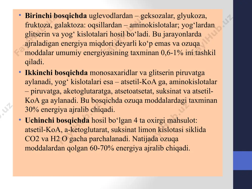 jaradi. a) katabolik – atsil qoldig‘ining parchalanishi, karbonat angidridi va suv ajralib chikishi. b) anabolik – atsetil koa va oksalatsetatdan birikish reaksiyasi natijasida murakkab modda sitrat hosil bo‘lishi, krebs siklining substratlaridan glyukoza, aminokislotalar yog‘ kislotalari va boshqalar sintezlanishi. 3. energetik funksiyasi – krebs sikli reaksiyalarining borishi natijasida 1 mol atsetil koa ning parchalanishidan 12 mol atf sintezlanadi. 4. vodorod donor (vodorod generator) funksiyasi – krebs sikli nafas zanjiri uchun vodorodning asosiy generatori hisoblanadi. bu siklda 4 juft vodorod atomlari hosil bo‘lib, ulardan 3 jufti nad bilan, bir jufti esa fad bilan birikadi. oshqozon fundal bezlarining hujayralirda vodorod protonlari elektron tashish zanjiriga emas, balki xlorid kislota sinteziga sarflanadi image2.jpeg image3.jpeg image4.jpeg image5.png image6.png image7.jpeg image8.png image9.png image10.png image11.png image12.png image13.png image14.png image15.png image16.png image17.png image18.png image19.png image20.png image21.png image22.png image23.png image24.png image25.png /docprops/thumbnail.jpeg