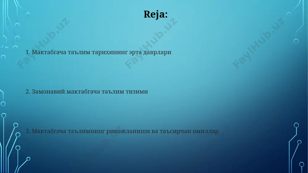aridagi bilimlarini 5 ta asosiy hissiy idrok orqali rivojlantirishga qaratilgan. maktabgacha ta'limda texnologiyalarning roli 2010-yillardan so'ng, toshkent shahridagi bir qator maktabgacha ta'lim muassasalarida onlayn ta'lim platformalaridan foydalanish orqali 50% ga yaqin bolalar masofadan turib ta'lim olish imkoniyatiga ega bo'lishdi. o'zbekistondagi ba'zi maktabgacha ta'lim muassasalarida 3d printerlardan foydalanib, o'quv materiallari va o'yinchoqlar yaratish kabi innovatsion usullar qo'llanilmoqda, bu esa bolalarning ijodiy qobiliyatlarini rivojlantirishga yordam beradi. zamonaviy maktabgacha ta'lim tendentsiyalari o'zbekistonning turli hududlarida, jumladan, toshkent va samarqand kabi yirik shaharlarda, 5 yoshgacha bo'lgan bolalar uchun ikki tilli (o'zbek va ingliz tillarida) maktabgacha ta'lim dasturlari soni 20% ga oshdi. zamonaviy maktabgacha ta'lim muassasalarida 2023 yildan boshlab stem (science, technology, engineering, mathematics) fanlarini integratsiyalashgan holda o'qitishga katta e'tibor qaratilmoqda, ayniqsa, aqsh va yevropa mamlakatlari tajribasiga asoslanib. kelajakdagi maktabgacha ta'lim istiqbollari o'zbekistonning maktabgacha ta'lim tizimida inklyuziv ta'limni rivojlantirish, 2025 yilga kelib kamida 50% bolalarni qo'shimcha ehtiyojlarga ega bolalar bilan birga ta'lim olishiga erishishni maqsad qilib …