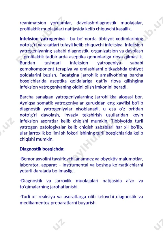 h. davolash – profilaktika bosqichida: -operatsiyaga tayyorgarlikni noto’g’ri va yetarli bo’lmasligi, operatsiyadan oldingi va keyingi profilaktika asoratlari -operatsiyani noto’g’ri bajarish(operatsiya ko’lamini asossiz ravishda kengaytirish yoki kamaytirish, tavsiya etilmagan jarrohlik aralashuvlarini bajarish, a’zo va to’qimalarning jaroxatlanishi, yot jismni qoldirish) -evtanaziyada bevosita va bilvosita qatnashish. ko’pincha kasbiy bilimlarning yetishmasligi xirurgiyadagi yatropatgeniyalarning sababi bo’lib qolishi mumkin. masalan bemorda kam uchraydigan va qiyin tashxis qo’yiladigan kasallik bo’lganda shifokor bilimining yetishmasligi oqibatidagi yatrogen patologiya kelib chiqishi mumkin. bunday yatropatogeniyalarning yaqqol misoli qilib davriy kasalliklardagi ko’p sonli jarroxlik aralashuvlarini keltirish mumkin. kelib chiqishi fizik omillarga asoslangan yatrogen kasalliklarni davolash (turli xil diagnostik va davolash muolajalari va operatsiyalar) konservativ (fizioterapiyaning turlari, medikamentoz, sanator-kurort davolash) yoki qayta operatsiya qilishni talab qilishi mumkin, masalan, chandiqlanish kasalligida, operatsiya qilingan oshqozon kasalliklarida. kelib chiqishi fizik omillarga asoslangan yatropatogeniyalar profilaktikasida hаr qanday ko’lamdagi instrumental tekshiruv usullari va diagnostik va davolash xarakteridagi muolajalarga ko’rsatmalarni ongli ravishda cheklash, operativ davolashni faqatgina kasallik etiologiya va …