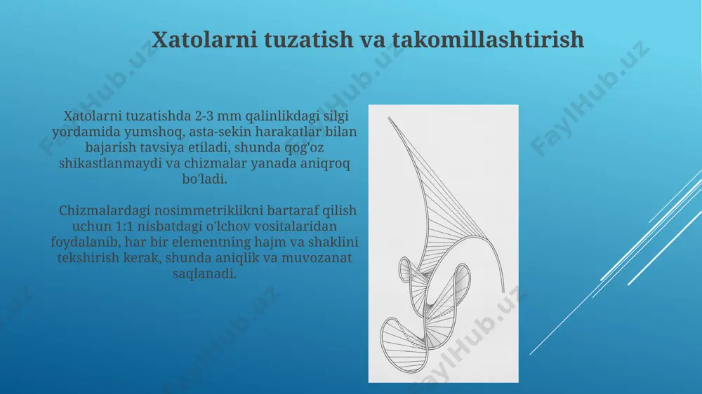 rqali uning shaklini to'liq aks ettirish mumkin, bu esa aniq va tafsilotli chizmani yaratishga yordam beradi. ob'ektni kuzatish jarayonida kamida 3 ta asosiy geometrik shakl (kub, shar, silindr)ni aniqlash va ularning nisbatlarini tahlil qilish muhim hisoblanadi. chizish uchun zarur bo'lgan materiallar chizish uchun a3 yoki a4 formatdagi 150-200 g/m² zichlikdagi yuqori sifatli oq qog'oz yoki maxsus chizmachilik qog'ozi tavsiya etiladi. yaxshi yoritish muhim: tabiiy yorug'lik yoki 5000-6500k rang haroratiga ega 2-3 dona yorug'lik manbai ishlatish tavsiya etiladi, bu soyani kamaytiradi. silliq kontur chizmalarining namunalari silliq kontur texnikasidan foydalangan holda yaratilgan namunalar orasida 20 ta turli xil shriftlarning konturli variantlari, minimalizm uslubidagi 12 ta binolar tasviri va 5 ta murakkab me’moriy elementlarning soddalashtirilgan chizmalari mavjud. silliq kontur chizmalarning namunalari sifatida taxminan 50 ta o‘simlikning stilize qilingan barglari va gullari, 15 turdagi hayvonlarning soddalashtirilgan anatomiyasi va minimal detalizatsiyaga ega landshaftlarni keltirish mumkin. e'tiboringiz uchun rahmat @taqdimot_robot image1.jpg image2.jpg image3.jpg image4.jpg image5.jpg image6.jpg …