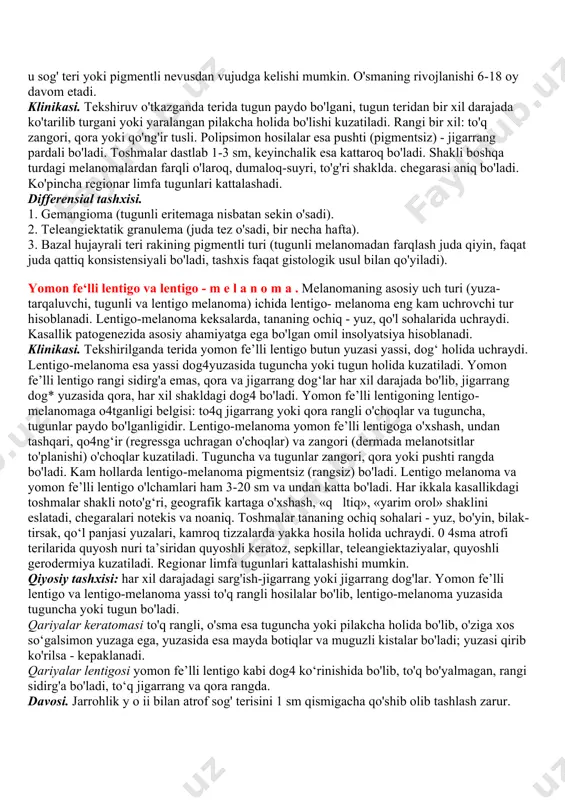 ilarda kuzatiladi. kasallanish xavfini tug'diruvchi omillar: — melanoma xabarchilari (displastik nevus, tug'ma nevohujayrali nevus); — oilaviy anamnezda - ota-ona, aka-singil, bolalarda melanoma bo‘lganligi (borligi); — teri rangining oq, oq-sariqligi (nur sezuvchanlikning i va ii turi). — haddan ziyod quyosh nuri ta’sirida bo'lish, asosan, bolalik davrida. patogenezi. yuza, tarqaluvchi melanomaning erta davrlarida radial o'sish bosqichi xarakterli. bu bosqichda o‘sma hujayralari faqatgina epidermisda joylashadi, shuning uchun ham metastazlanish kuzatilmaydi (melanoma in situ) yoki jarayon epidermisda va dermaning yuqori yuza qavatida joylashadi («yupqa» melanoma deb ataladi, ya’ni o‘sma 0,75 mm qalinlikda bo'ladi). bu nisbatan xushfe’l davri, davolasa tuzaladigan davridan so'ng invaziv vertikal o'sish bosqichi keladi. bunda o'sma hujayralari dermagacha kirib boruvchi tugunlarni hosil qiladi va metastazlar paydo bo'la boshlaydi. yuza, tarqaluvchi melanomaning patogenezi oxirigacha o'rganilma- gan. ko'p hollarda o'smaning rivojlanishida quyosh nuriningsalbiy ta’siri (asosan 14 yoshgacha bo'lgan davrda kuchli insolyatsiya kuzatilgan bo‘lsa) katta ahamiyatga ega. anamnezdan o'smaning rivojlanishi 1-2 yildan beri davom etayot- …