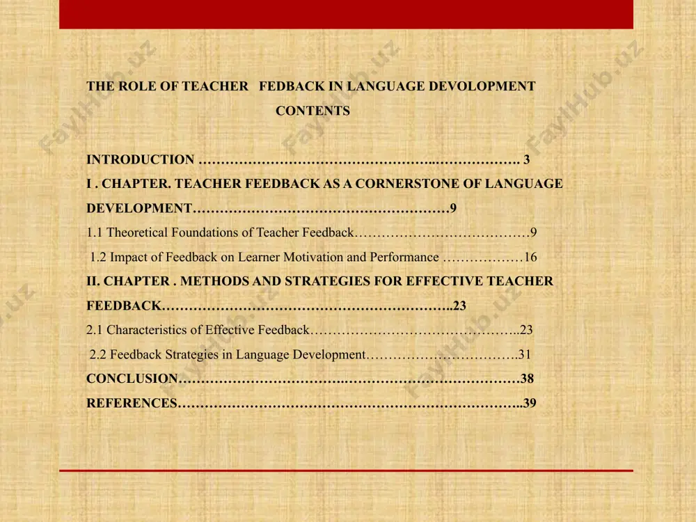 urse work is to explore and analyze the role of teacher feedback in the process of language development. it seeks to understand how feedback, as a pedagogical tool, influences learners’ linguistic abilities, motivation, and overall performance. by examining both theoretical perspectives and practical applications, this study aims to identify effective feedback strategies that foster meaningful language acquisition and development.additionally, the work aspires to provide educators with insights and recommendations for implementing constructive and learner-centered feedback methods. these approaches are intended to address common challenges, such as managing diverse learner needs, maintaining a balance between encouragement and correction, and promoting a supportive learning environment.ultimately, the course work aims to contribute to the advancement of effective language teaching practices by emphasizing the significance of feedback as a catalyst for academic and personal growth in language learners. the tasks and objectives of the course work. to achieve the aim of the course work, …
