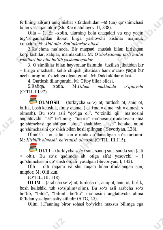 qilinadigan, ovlanadigan jonivor; ilvasin. m: shu kunlarda oloy togʻida ov kam. 3. kоʻchma. qоʻlga tushirilishi mоʻljallangan kimsa yoki narsa. m:yumaloq, qoragina odam qоʻlidagi tоʻpponchani mahkam ushlagani holda gandiraklab, sоʻkinib, “ovini”qidira boshladi. 4.ovchining оʻljasi. m: arslon ogʻzidan ov olinmas (оʻtil, iii,78). ovul – (turkiycha so‘z) ot, turdosh ot, aniq ot, birlik, bosh kelishik,yasama sоʻz(a:v+ul=a:vul>ovul). bu ot qadimgi turkiy tilda “tоʻpla” ma’nosini anglatgan “a:gʻ” fe’lining “a:v” shakliga “joy” ma’nosini ifodalovchi - (u)l qоʻshimchasini qоʻshish orqali hosil qilingan (sevortyan, i, 65). ovul - kоʻchmanchi chorvadorlar оʻrnashgan joy; qishloq. m: hasan qayiqchini xivaning katta-kichigi, olis ovullardan keluvchilar ham taniydi(оʻtil, iii, 81). oy – (turkiycha so‘z) ot, turdosh ot, aniq ot, birlik, bosh kelishik,tub sоʻz (a:y>ay>oy). qadimgi turkiy tilda ham bu sоʻz “yerning yоʻldoshi”, “yilning оʻn ikkidan bir qismi” degan ma’nolarni anglatgan va bu sоʻz a:y tarzida talaffuz qilingan(sevortyan, i, 98). oy. 1. quyoshdan nur olib, yogʻdu sochuvchi samoviy jism, yerning tabiiy yоʻldoshi. m: оʻn …