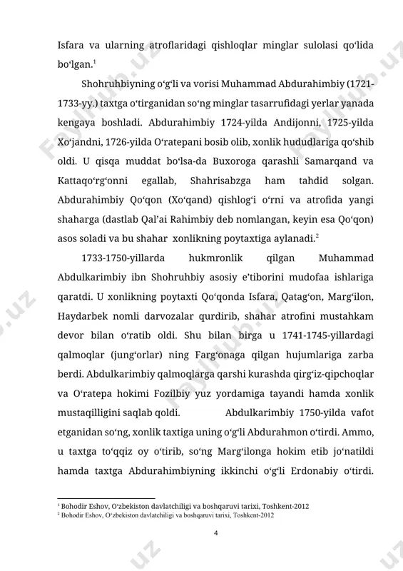 .[footnoteref:3] [3: azamat ziyo. o`zbek davlatchiligi tarixi. t., ―sharq, 2000.] 1770-yilda qo‘qon taxtiga abdurahmonbiyning o‘g‘li norbo‘tabiy (1770-1801-yy.) o‘tiradi. norbutabiy markaziy hikimiyatni mustahkamlashda, bo‘ysunmas hokimlar qarshiligini bostirishda nisbatan muvaffaqiyat qozonadi. u chust va namangandagi g‘alayonlarni bostirganidan so‘ng, bu shaharlarga o‘z odamlarini hokim etib tayinlaydi. norbutabiy bir qancha urinishlardan so‘ng andijon, o‘sh, xo‘jand va yaqin atrofdagi qo‘shni hududlarni bosib oladi. u 1799-yilda toshkentni ham bosib olishga harakat qildi, ammo, uning yuborgan qo‘shinlari mag‘lubiyatga uchradi. norbo’tabiydan so‘ng uning o‘g‘li olimxon (1801-1810-yy.) taxtga o‘tirib, qo‘qon xonligining siyosiy qudratini mustahkamlash, mamlakat hududlarini kengaytirishga alohida e’tibor berdi. natijada qo‘qon xonligining siyosiy mavqeyi oshib bordi. olimxon davriga kelib qo‘qon xonligidagi davlat boshqaruvi oldingi davlatlar boshqaruv tizimidan deyarli farq qilmas edi. uning davrida qo‘qon davlati kuchayib borishi bilan davlatning siyosiy maqomi ham o‘zgaradi. agar qo‘qonning dastlabki hukmdorlari “biy” va “bek” unvoni bilan mamlakatni idora qilgan bo‘lsalar, olimxon davridan boshlab (1805-yil) hukmdorlar rasman “xon” deb yuritila boshlandi.[footnoteref:4] [4: sh.vohidov. …