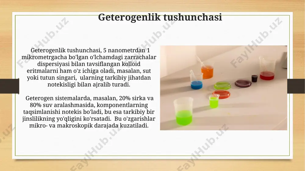 emulsiyalar, masalan, mayonez, turli usullar bilan, jumladan, mikroskopiya yordamida tasniflanadi va ularning xossalari farqlanadi. dispersiya o'lchamlari 1 nm dan 1 mkm gacha bo'lgan kolloid tizimlarni, masalan, sut yoki qon plazmasini o'z ichiga oladi va bu ularning optik xususiyatlari va reologiyasini aniqlaydi. kolloidlarning asosiy xususiyatlari kolloidlarning optik xossalari tyndall effekti orqali namoyon boʻladi, ya'ni yorugʻlik nurlarining kolloid eritma orqali oʻtishida tarqalishi kuzatiladi, bu hodisa 1869-yilda jon tyndall tomonidan kashf etilgan. kolloid tizimlarning oʻlchami 1 nanometrdan 1 mikrometrgacha boʻlib, bu ularni eritmalardan va suspenziyalardan farqlaydi, masalan, sut yoki qon kabi biologik tizimlarda uchraydi. liyofil va liyofob kolloidlar liofob kolloidlar, masalan, oltin (au) zarrachalari suvda tarqalish uchun maxsus stabilizatorlarni talab qiladi; aks holda, 50 nm dan katta bo'lgan zarrachalar tez birlashib cho'kadi, masalan, daryo deltasi hududlarida kuzatiladi. liofil va liofob kolloidlar orasidagi farqni tushunish, masalan, 20-50 nm gacha bo'lgan emulsiyalarni stabilizatsiyasi uchun, kimyoviy sanoatda, masalan, o'zbekistonning farg'ona vodiysidagi kimyo zavodlarida qo'llaniladigan muhim texnologik …