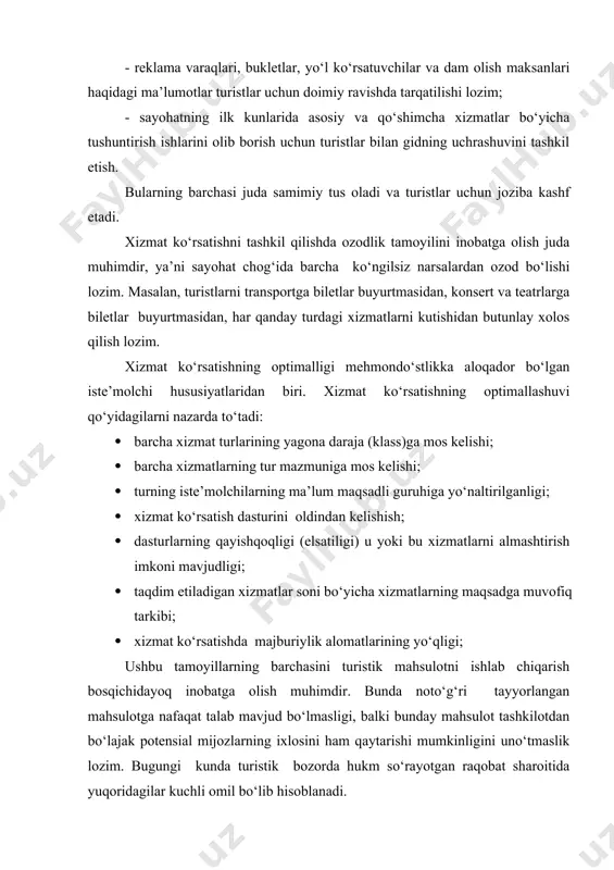 ayyorlangan mahsulotga nafaqat talab mavjud bo‘lmasligi, balki bunday mahsulot tashkilotdan bo‘lajak potensial mijozlarning ixlosini ham qaytarishi mumkinligini uno‘tmaslik lozim. bugungi kunda turistik bozorda hukm so‘rayotgan raqobat sharoitida yuqoridagilar kuchli omil bo‘lib hisoblanadi. 2- jadval turistlarning maqsadlariga bog‘liq holda turlarning tipologiyasi tur tiplari turist maqsadlari misollar faol dam olish · sport bilan shug‘ullanish; · sarguzasht; · yangi hissiyotlar; · fikrdoshlarni qidirish. alpinizm, spelioturizm va boshqalar. passiv dam olish · ekologik ajoyib joylarda sayohat; · tabiatda orom olish. kurortlarda dam olish davolanish · komfort sharoitda dam olish; · parxezli ovqatlanish; · organizmni sog‘lomlashtirish. sanatoriyalarda davolanish tanishuv turizmi · turli mamlakat va mintaqalarning madaniyati, an’ana va odatlari bilan tanishish; · muzey, teatr, ko‘rgazmalarga borish hisobiga dunyoqarashni kengaytirish; · yangi tanishuvlar. yevropa poytaxtlari o‘rtasida avtobus turlari xorijda ta’lim olish · sertifikat, diplom, litsenziya olish. maltada ingliz tili kurslari ziyoratchilik turizmi · ibodat qilish; · rasm-rusumlarda qatnashish; · diniy ziyorat markazlariga borish. vatikandagi turlar mavzuli …