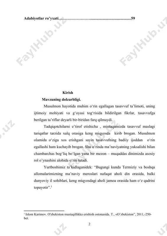 tadqiqotning yuqorida qayd etilgan maqsaddan kelib chiqqan holda, bitiruv-malakaviy ishda quyidagilar asosiy vazifalar tarzida belgilab olindi: - o‘rganilayotgan mavzuning o‘ziga xos xususiyatlarini tadqiq etish uchun - - mavzuga oid ilmiy – tarixiy adabiyotlarni to‘plashva tahlil etish; - tasavvuf tariqatlari va ularni o‘ziga xos xususiytalarini yoritib berish; - dunyo dinlari va tasavvuf o‘rtasidagi bog‘liqlik jihatlarini ilmiy tahlil qilish; - markaziy osiyoda kubroviya, yassaviya va tariqatlarini yoritib berish; - al-hakim at-termiziy va uning ta’limotini adabiyotlar asosida ilmiy tahlil qilishdan iborat. bitiruv-malakaviy ishning ilmiy yangiligi va amaliy ahamiyati. ushbu bitiruv-malakaviy ishning ilmiy yangiligi avvalo shundan iboratki, mazkur mavzu ilk bor bitiruv –malakaviy ish sifatida ilmiy adabiyotlar asosida izchil tadqiq etilmoqda. biz ilmiy iste’molga ilk bor olib kirilayotgan faktik materiallar va turli tarixiy manbalar hamda adabiyotlarga tayangan holda o‘z fikr-mulohazalarimizni bildirishga harakat qildik: - tasavvuf tariqatlari va ularni o‘ziga xos xususiyatlari yoritib berildi; - dunyo dinlari va tasavvuf tariqatlari o‘rtasidagi bog‘liqliklar ilmiy jihatdan tahlil …