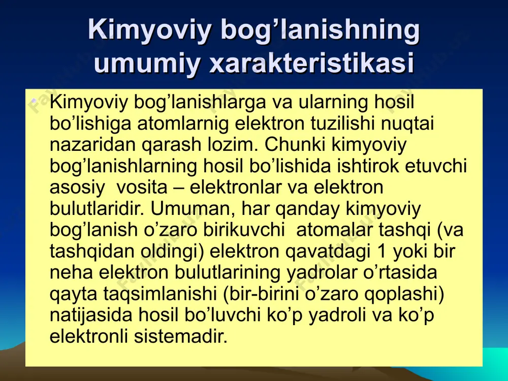 tuzilishi molekulalarni hosil qiladi. sp3 qatoriga ch4, h2o, nh3, barcha to’yingan uglevodorodlar va sikloparafinlardagi uglerod atomlarini kiritish mumkin. atom orbitallarining sp2 gibridlanbishi agar 1ta s- va 2ta p- (3ta p dan)orbitallar o’zaro gibridlansa; 1ta s+ 2ta p=3ta sp2 gibrid orbitallar hosil bo’ladi. bu orbitallar fazoda teng tomonli tekis uchburchak ko’rinishda joylashib, ular orasidagi burchak 120˚ ni tashkil etadi. bu gibridlanish hisobiga hosil bo’lgan kimyoviy bog’lanishli molekulalar va ionlarga misollar; bcl3,bf3,alcl3,albr3, c2h4,(qoshbog’ hosil qilgan barcha uglerod atomlari). atom orbitallarining sp gibridlanishi c* (qo’zg’) - atomidagi 1 ta s va – 1ta p – (3 ta p dan) orbital o’zaro gidridlansa 1ta s+1 ta p=2ta sp gibrid orbitallar hosil bo’ladi va 2 ta p-orbital gidridlanishda ishtirok etmaydi,ular’’gantelsimon,, ko’rinishda qolaveradi. hosil bo’lgan 2ta sp gibrid orbitallar fazoda bir-biriga nisbatan 180˚ burchak ostida joylashadi va ular ishtirokida hosil bo’lgan molekular chiziqsimon tuzilishi bo’ladi. bularga becl2, bef2, c2h2, cu2c2, moddalar tuzilishi qattiq moddalar ichki tuzilishga,ya’ni …
