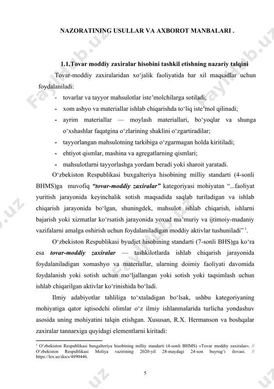 padi.”[footnoteref:3]. [3: larson, kermit d. financial accounting /kermit d. larson, paul b. w. miller. 6th ed. irwin, 1995. 686 p.] shuningdek, s.sedki, e.smit va a.striklend konsolidatsiyalangan moliyaviy hisobotlarida tovar-moddiy zaxiralar hisobining xalqaro standartlar bo‘yicha qiyosiy tahlili keltirilgan[footnoteref:4]. sohaga doir boshqa adabiyotlarda[footnoteref:5] ham zaxiralar tannarxi hisobi va hisobotining standartlarga uyg‘un jihatlari aks ettirilgan. ushbu yuqoridagi xorijiy adabiyotlarda keltirilgan qoidalar standartlar talablariga javob beradi. lekin, bu qoidalarni faqat savdo korxonalaridagi tovarlar tannarxini shakllantirishda qo‘llash mumkin. bunda zaxiralarning xarid tannarxi bilan bog‘liq bo‘lgan elementlar aks ettirilgan. xalqaro standartlar esa taʼriflar nafaqat savdo, balki ishlab chiqarish va boshqa faoliyat turlari bilan shug‘ullanuvchi kompaniyalar uchun ham qo‘llaniladigan bo‘lishi maqsadga muvofiqligini taʼkidlaydi. [4: . s.sam sedki, abby smith, aissa strickland. differences and similarities between ifrs and gaap on inventory, revenue recognition and consolidated financial statements. //journal of accounting and finance vol. 14(2) 2014. http://t.www.na-businesspress.com/jaf/sedkiss_ web14_2_.pdf] [5: аверчев и.в. мсфо. 1000 примеров применения -м.: рид групп, 2011.- …
