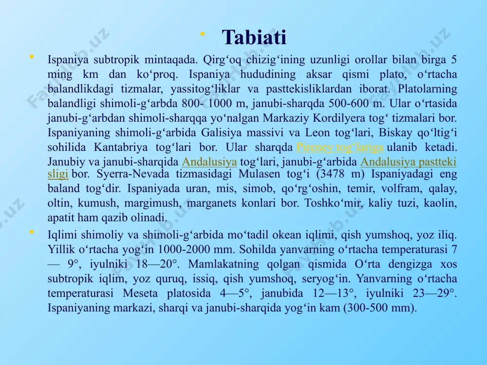 ik o'rta er dengizi qirg'og'ida va kastilya-la-mancha va ekstremadura mintaqalarida joylashgan. mamlakatning janubida ular bodom (g'arbiy evropada etakchi eksport), xurmo va shakarqamish (yevropada ular faqat ispaniyada o'sadi), anjir, anor va paxta etishtiradilar. asosiy tarmoq dehqonchilik, qishloq xoʻjaligi mahsuloti qiymatining yarmiga yaqini uning ulushiga toʻgʻri keladi. mamlakat maydonining 71%da dehqonchilik qilinadi. ispaniyada vino (dunyoda 3-oʻrin) tayyorlanadi, sitrus mevalar (apelsin hosili boʻyicha yevropada 1-oʻrin, yiliga 3 mln. tonna), bugʻdoy (ekin maydonining 20%), sholi (dunyoda eng yuqori hosildorlik: ga dan 60—70 sentner), bodom, tamaki, paxta, qand lavlagi, sabzavot (ekin maydonining 69%), kungabokar yetishtiriladi. oliy nav zaytun yogʻi ishlab chiqarishda dunyoda l-oʻrinda turadi (yiliga 400 ming t dan ziyod). chorvachilik yaxshi rivojlangan: qoramol, choʻchqa, echki, qoʻy boqiladi. baliq va dengiz joni-vorlari ovlash qamda qayta ishlashda dunyodagi oʻnlikka kiradi. xoʻjaligi ispaniya industrial-agrar mamlakat. sanoat ishlab chiqarish qajmi jihatidan gʻarbiy yevropada 5-oʻrinda, rivojlangan mamlakatlar oʻrtasida 8-oʻrinda turadi. yalpi ichki mahsulotda sanoatning ulushi 23%, qishloq xoʻjaligi ulushi …