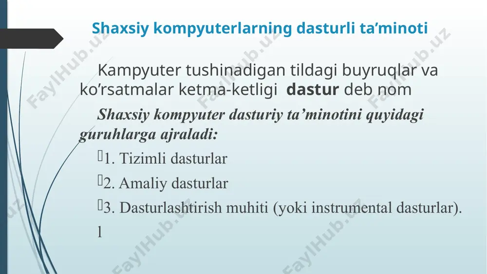 boshqalar. dasturlashtirish muhiti (yoki instrumental dasturlar). instrumental dasturlar bu yangi dasturlar yaratuvchi dasturlar tizimlari. instrumental dasturlaga maxsus dasturlash tillari bilan ishlaydigan dasturlar tizimlari kiradi. ular dasturlash tiliga ko’ra farqlanadi: s, basic, c++, delphi, va boshqalar. bu dasturlar tizimlar o’ziga bir nechta dasturni jamlagan bo’lib bular: dasturlash tili muharriri, translyator, komplyator va boshqa yordamchi dasturlar. bundan tashqari hamma dasturlarni pulli, bepul va qisman pulli bo’lishiga ko’ra quyidagi turlarga bo’lish mumkin. software — qiymati 100% to’langanidan keyin o‘rnatilib, foydalaniladigan dasturiy ta’minot. shareware (ing. share — qisman) — aprobatsiya, ya’ni sinovdan o‘tkazish muddatiga ega bo‘lgan dasturlar. sinov muddati, odatda, bir necha kun yoki bir oygacha yoki bir necha bor kirib ishlashga mo’ljallangan bo'ladi. ba’zan bunday dasturlarning imkoniyatlari cheklangan naqli beriladi. freeware (ing. free — erkin) — mutlaqo bepul dasturiy ta’minot. aksariyat hollarda reklama sifatida yoki dasturchilarning ilk ishlanmalari tarqatiladi. bu dasturlardan tekin foydalanish mumkin, biroq dasturni o‘zgartirib bo‘lmaydi. free and open source software …
