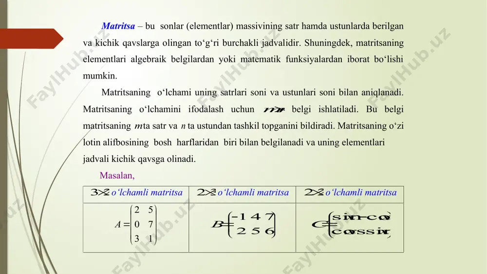 ,, 2211 elementlaridan tuzilgan diagonaliga uning bosh diagonali, o‘nq yuqori burchagidan chap quyi burchagiga yo‘nalgan 1)1(21 ,...,, nnn aaa  elementlardan tuzilgan diagonaliga uning yordamchi diagonali deyiladi. bosh diagonalidan yuqorida (pastda) joylashgan barcha elementlari nolga teng bo‘lgan                nn n n a aa aaa a     00 0 222 11211                               nnnn aaa aa a a     21 2221 11 0 00 matritsaga yuqoridan uchburchak (quyidan uchburchak) matritsa deyiladi. bosh diagonalda joylashmagan barcha elementlari nolga teng bo‘lgan                nn a a a a     …