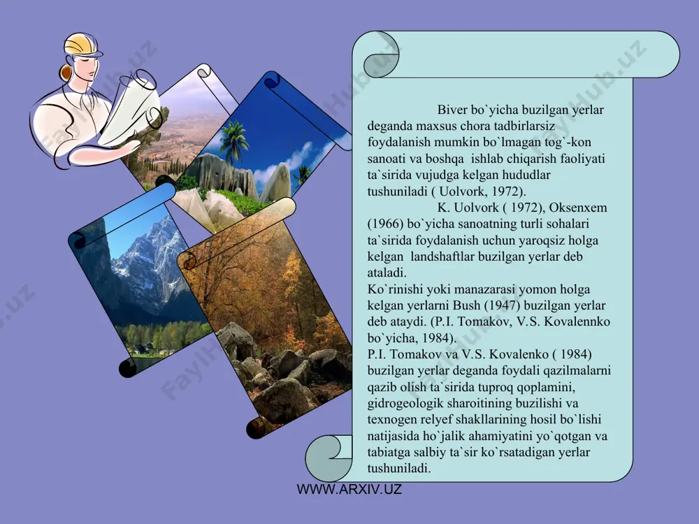 r, o`rmon dasht va dasht zonalarida buzilgan landshaftlar tabiiy ravishda qayta tiklandi. mazkur holatni hisobga olib x.vaxobov (2001) rekultivatsiya tushunchasini quyidagi variantini bergan: rekultivatsiya – bu buzilgan yerlarni sun`iy va tabiiy ravishda qayta tiklanishidir. www.arxiv.uz www.arxiv.uz yer resurslaridan samarali foydalanish va turli maqsadlar uchun yerlarni ajratish muammosini o`rganish jarayonida juda ko`p atamalar, tushunchalar va terminlar ishlab chiqilgan. ularga tog`-kon sanoati uchun ajratilgan yerlar, solishtirma yer sig`imi, yerlardan foydalanish koeffitsiyenti, foydali qazilmani qazib olishning yer sig`imi, foydali qazilmalarni ochiq usulda qazib olishning yer sig`imi, ularni muhofaza qilish (tomakov, kovalenko, 1984; belanov, bagrov, 1976, mirzayev, 1986) kiradi. www.arxiv.uz www.arxiv.uz adabiyotlar vaxobov x. otsenka i prognoz formirovaniya gornopromishlennix landshaftov i fiziko-geograficheskiye osnovi ix rekultivatsii. avtoreferat dissertatsii na soisk. dokt. geografich. nauk. -t., 2001, 30 s. vaxobov x. geograficheskiye osnovi rekultivatsii narushennix zemel.ғғgeografiya, ekologiya va tabiatdan foydalanish muammolari. -t., 1999, s.56-58. 5. vaxobov x. abdullayev i.x. shojalilov sh. osnovniye kriterii fiziko-geograficheskix usloviy rekultivatsii narushennix …