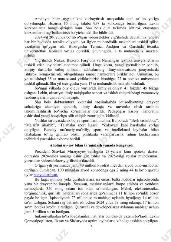 uchun 45 turdagi 21 mingta tibbiy uskuna va 6 ta reanimobil xarid qilinadi. germaniyaning kfw bankining 30 million yevro mablag‘i hisobiga qoraqalpog‘iston va xorazmdagi 19 tadan tibbiyot muassasasi yurak-qon tomir kasalliklarini davolovchi 862 ta uskuna bilan jihozlanadi. yana shu bankning 13,5 million yevro granti orqali termiz shahrida o‘quv markazi, talabalar turar joyi quriladi. bu markaz zamonaviy o‘quv-simulyatsiya va axborot texnologiyalari bilan jihozlanadi. davlatimiz rahbari jihozlash bu masalaning faqat bir qismi ekani, ularda ishlay oladigan malakali mutaxassislarni hozirdan tayyorlash kerakligini ta’kidladi. tegishli muassasalardagi shifokor va hamshiralarni qo‘shimcha o‘qitish vazifasi qo‘yildi. uskunalardan samarali foydalanish ham muhim. masalan, viloyatlarda angiograflar yuklamasi o‘rtacha 34 foiz. tomograf bo‘yicha holat ham har xil. shu bois, hokimliklar bilan birga, davlat shifoxonalaridagi yuqori texnologik uskunalardan samarali foydalanish bo‘yicha autsorsing va xususiy sheriklik loyihalari yo‘lga qo‘yilishi belgilandi. oliy ta’lim va ilm-fan sohasidagi ustuvor vazifalar ko‘rib chiqildi prezident shavkat mirziyoyev 22-yanvar kuni oliy ta’lim va ilm-fan sohasidagi ustuvor vazifalarga oid …