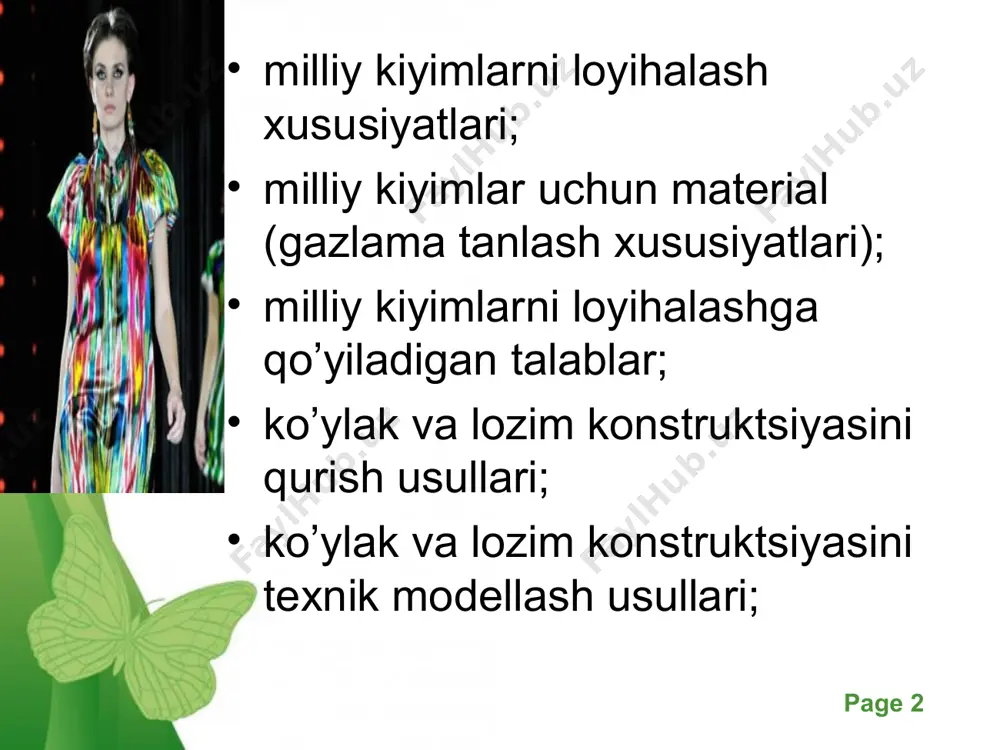 o’ladi. pochasining kengligi model ko’rinishiga bog’liqdir. lozim pochasiga manjet yoki jiyak tikiladi. free powerpoint templates page * milliy ko’ylak va lozim konstruktsiyasini qurish yoqa konstruktsiyasini chizish 18-o1 = 2,53 sm o1 –l – to’g’ri chiziq bilan birlashtiriladi (latskanni bukish chizig’i). o1 - o1’ = 0.11 cm o1’ - o2 = 1-6-ort bo’yin o’mizi uzunligi 18 - o4 = o1’- o2 o2 - o4 18 – o4 o4 - o5 = 7 - 8 sm (yoqa kengligi). o5 – k – yopiq chiziq bilan tutashtiriladi. free powerpoint templates page * free powerpoint templates page * koketkaga ulash chizig’i bo’ylab gazlamadan burma hosil qilishga mo’ljallab ko’ylakning old va ort bo’lak gavda qismini kengaytirish qo’yimlari istalgancha olinadi. buning uchun old va ort o’rta chiziqdan o’ng va chap tomonga qo’yim kengligi qo’yiladi va o’rta chiziqlar yangi o’ringa ko’chiriladi. ko’ylak etagini minimal kengaytirish kattaligi 5-10 sm. free powerpoint templates page * milliy ko’ylak yoqa o’mizini …