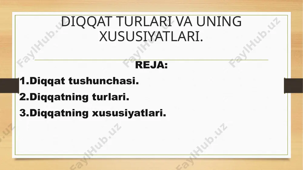 shuning uchun bu diqqat irodaviy diqqat deb ham ataladi. insonning butun ongli faoliyati asosan ixtiyoriy diqqat vositasida amalga oshiriladi. diqqat assotsiatsiya yo`li bilan eslash va uning yangilik bilan farq qilmaydigan, lekin u ob`ekt favqulodda alohida ahamiyat kasb etgan ob`ektlarni idrok qilish bilan bog`liq bo`lishi mumkin. i.p.pavlov tomonidan kashf etilgan nerv jarayonlarining induktsiya qonuni diqqatning fiziologik asoslarini tushunib olish uchun ahamiyatga egadir. mana shu qonunga muvofiq, bosh miya po`stining bir joyida maydonga kelgan qo`zg`alish jarayonlari bosh miya po`stining boshqa joylarida tormozlanish jarayonlarini yuzaga keltiradi. bosh miya po`stining ayrim bir joyida yuzaga kelgan tormozlanish jarayoni bosh miya pustining boshqa joylarida kuchli qo`zg`alish jarayonlarini paydo bo`lishiga olib keladi. diqqatning turlari. kishi faoliyatida diqqat bir necha turlarga bo`linadi: 1. ixtiyorsiz diqqat; 2. ixtiyoriy diqqat; 3. muvofiqlashtirilgan ixtiyoriy diqqatlarga bo`linadi. biz diqqatni qaratishni maqsad qilib qo`ymagan paytimizda psixik faoliyatning yo`naltirishi va to`planishi ixtiyorsiz xarakterga ega bo`lishi mumkin. bunday hollarda faoliyatning maroqliligi, qiziqarli yoki kutilmaganda favqulotdaligi …