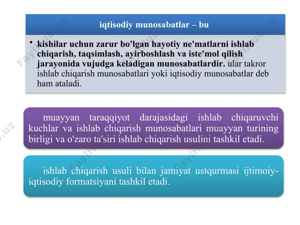 a ma'naviy boyliklar, tabiiy boyliklar, aqliy mehnat mahsuli, insonning mehnat qilishi qobiliyati – ishchi kuchi va boshqalar hisoblanadi. mulk ob'ektida asosiy bo'g'in – bu ishlab chiqarish vositalariga egalik qilish hisoblanadi. ishlab chiqarish vositalari kimniki bo'lsa, ishlab chiqarilgan mahsulot ham unga tegishli bo'ladi. mulk sub'ekti jamiyatda ma'lum ijtimoiy-iqtisodiy mavqega ega bo'lgan, mulk ob'ektini o'zlashtirishda qatnashuvchilar, mulkiy munosabatlar ishtirokchilari bo'lib, ular jamoa, sinf, tabaqa yoki boshqa ijtimoiy guruhlarga birlashgan bo'ladi. ayrim kishilar, oilalar va davlat ham mulkchilik sub'ekti sifatida maydonga chiqishi mumkin. ob'ekt sub'ekt sub'ekt mulkchilik munosabatlari – bu mulk ob'ektini o'zlashtirish bo'yicha mulk sub'ektlari o'rtasidagi iqtisodiy munosabatdir. bu qoidani quyidagi tasvir orqali ifodalash mumkin: sub'ekt ob'ekt mulkchilik huquqlari esa mulk sub'ektining mulk ob'ektiga nisbatan munosabatidir, ya'ni undan foydalanish va nazorat qilish yuzasidan kelib chiquvchi huquqlar majmuidir: 4. mulkchilikning turli shakllari va ularning iqtisodiy mazmuni jamiyat rivojining hozirgi bosqichida mulkchilik munosabatlari o'z ichiga davlat mulkini, ishlab chiqarish, xizmat ko'rsatish va matlubot sohalaridagi …
