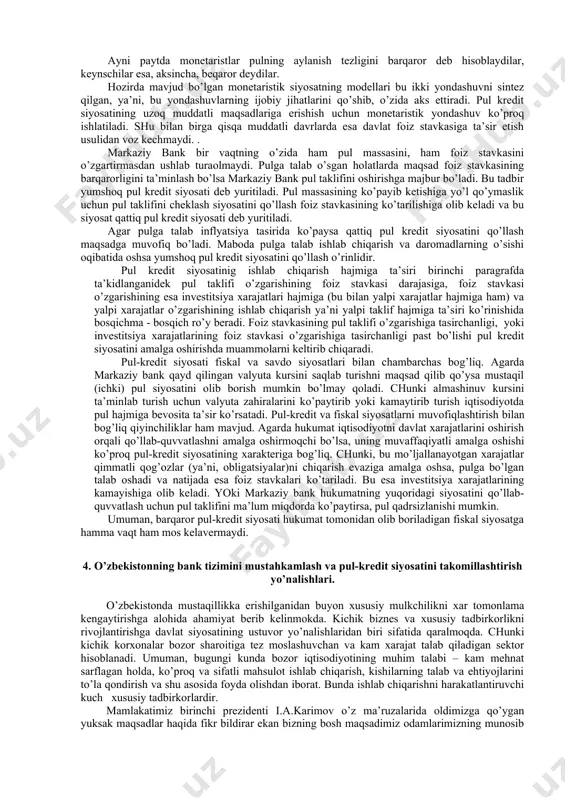 g kattalashishiga va albatta iqtisodiyotda pul taklifining ko’payishiga olib keladi.tijorat banklari ortiqcha rezervlarining ko’payishi ularning aktiv operatsiyalarini ko’paytiriadi va bu iqtisodiyotning real sektori rivojlanishiga ijobiy ta’sir ko’rsatadi. pul kredit siyosati vositalari albatta alohida-alohida ishlatilishi shart emas. aksincha ko’pincha bir necha vosita birdaniga qo’llanilishi, ya’ni kompleks siyosat o’tkazish amaliyotda tez-tez uchrab turadi. xo’sh, pul-kredit siyosatining oqibatlari qanday? davlat tomonidan amalga oshiriladigan pul-kredit siyosati yaim, bandlik va baholar darajasiga bevosita ta’sir ko’rsatadi. faraz qilaylik, iqtisodiyotda ishlab chiqarish qisqarmoqda va ishsizlar soni ortib bormoqda. bunday sharoitda davlat markaziy bank orqali pul taklifini biz yuqorida ko’rib chiqqan vositalar yordamida oshirishga harakat qiladi. natijada pul taklifi o’sadi, foiz stavkasi esa kamayadi. bu esa investitsiyalarga bo’lgan talabni oshiradi va o’z navbatida, yaim miqdorining ko’payishiga olib keladi. bu bilan davlat ma’lum davrda o’z maqsadiga erishadi, ishlab chiqarishning orqaga ketishi to’xtaydi, ishsizlar soni kamayadi, jamiyatning daromadlari esa oshadi. pul-kredit siyosatining oqibati to’g’risida gapirganda, bu siyosatning qisqa muddatli va …