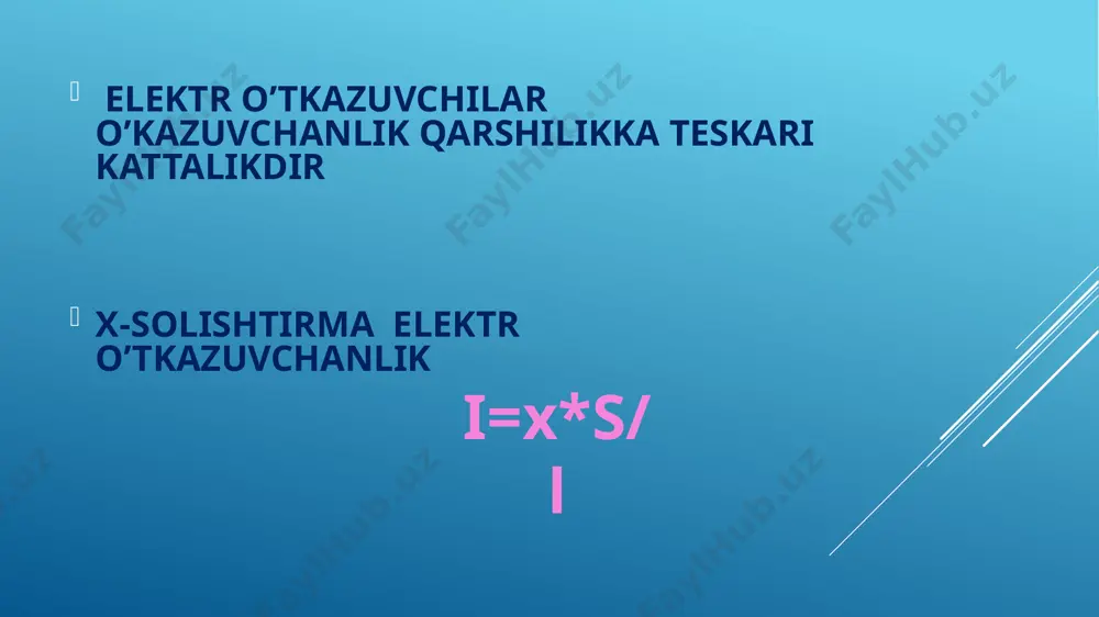 ektrod zn2+ bor eritmaga(znso4 eritmasiga) tushirilgan elektrodlar o”zaro sim bilan, eritmalar kcl ning agar agarli ko”prikchasi bilan ulangan. bu element zanjiri quyidagicha yoziladi: cu/cuso4/kcl/znso4/zn agar elektrodlar bir biri bilan tutashtirilsa, sistemada elektr toki hosil bo’ladi. sistemada kimyoviy jarayonlar amalga oshishi hisobigaelektr toki paydo bo’ladi: zn0-2e=zn2+ cu2++2e=cu0 zn0+cu2+=zn2++cu0 zn+cuso4=znso4+cu galvanik elementning elektr yurituvchi kuchini aniqlash uchun quyidagi tenglamadan foydalaniladi: bunda e0-eritmalarda ionlarning faolligi bir biriga teng yoki har qaysi ionning faolligi birga teng bo’lgada vujudga kelgan elektr yurituvchi kuch bo’lib, normal(standart) elektr yurutuvchi kuch deyiladi. galvanik elementlar xususiyati jihatidan qaytar va qaytmas bo’ladi удулек tokini teskari tomonga yo’naltirganda qaytar jarayonlar boradigan elementlar qaytar elementlar deyiladi. agar eritma vazifasini bajaruvchi tuzlar sulfat kislotaga almashtirilsa rux elekrodining erishi mis elektrodida esa vodorod molekulasi ajralib chiqishi kuzatiladi. tok teskari tomonga yo’naltirilsa mis elektrod eriydi, rux elektrodda esa vodorod ajralib chiqadi. bunday galvanik elementlar qaytmas elementlar deyiladi. elektrodlar tuzilishi jihatdan birinchi va ikkinchi turga ajraladi …